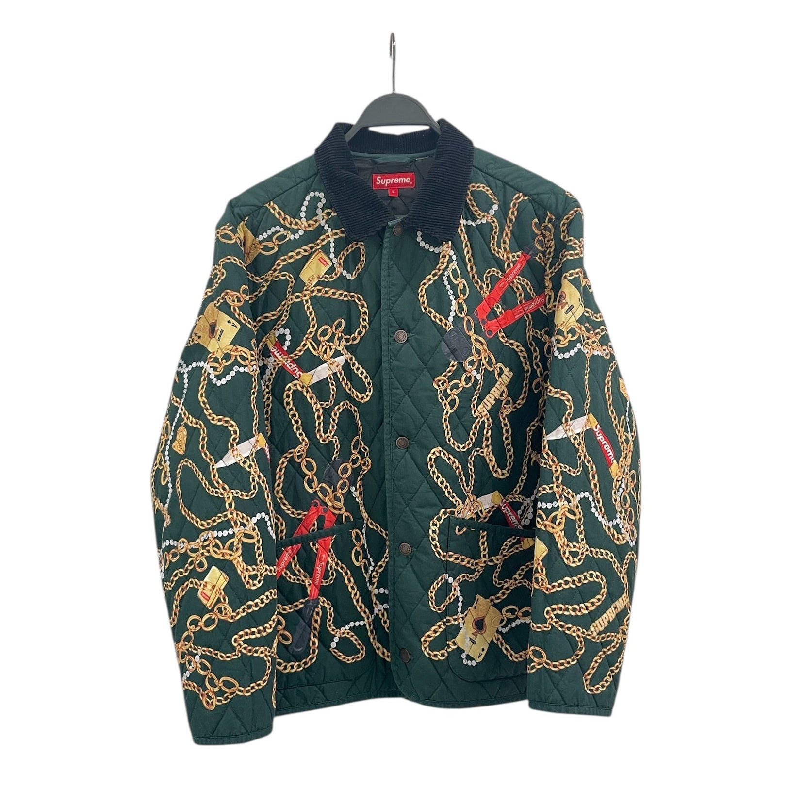 Supreme/Quilted Jkt/L/Nylon/GRN/All Over Print/gold chain all over view 1