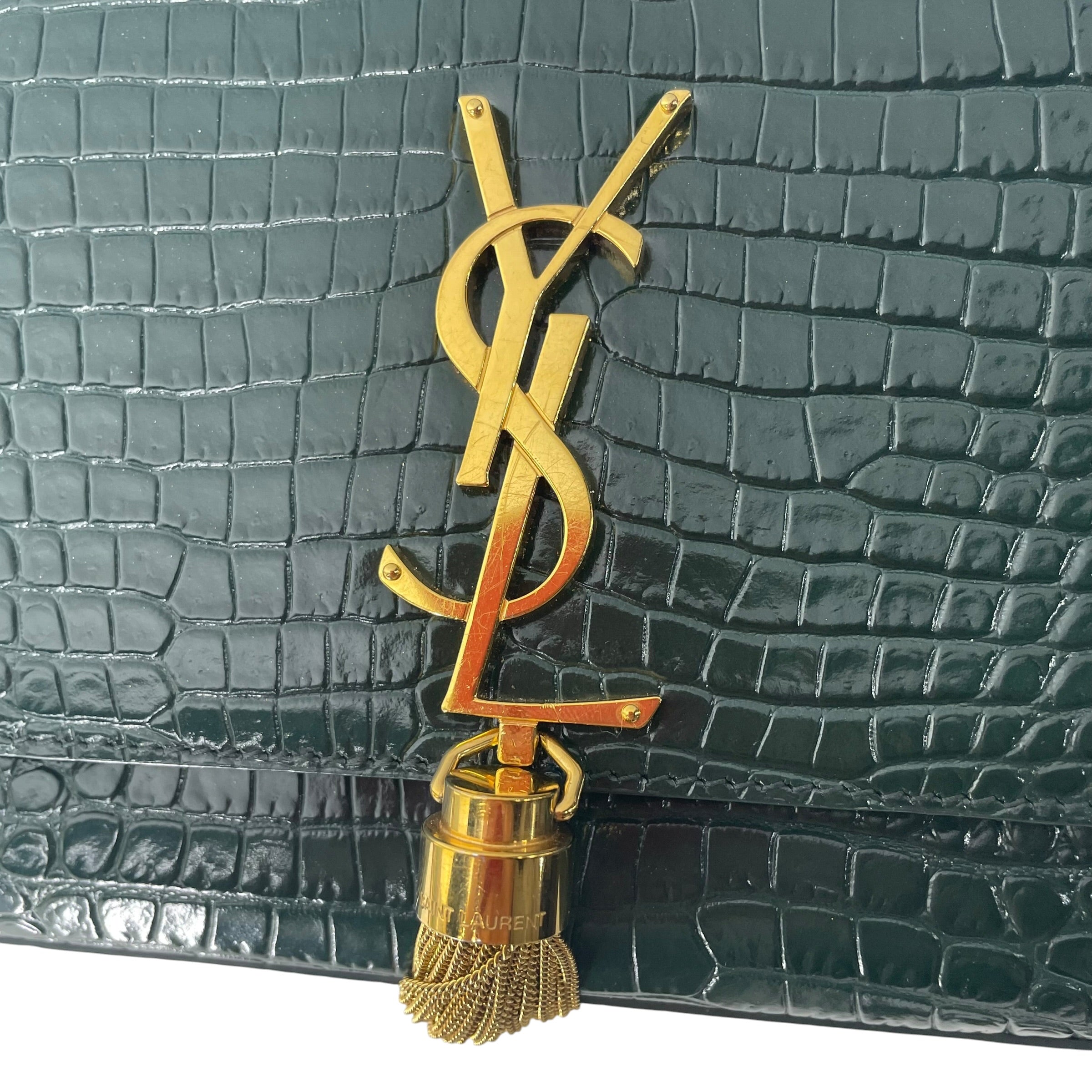 YVES SAINT LAURENT/Hand Bag/Leather/GRN/CROCODILE/ GOLD/ TASSEL view 7