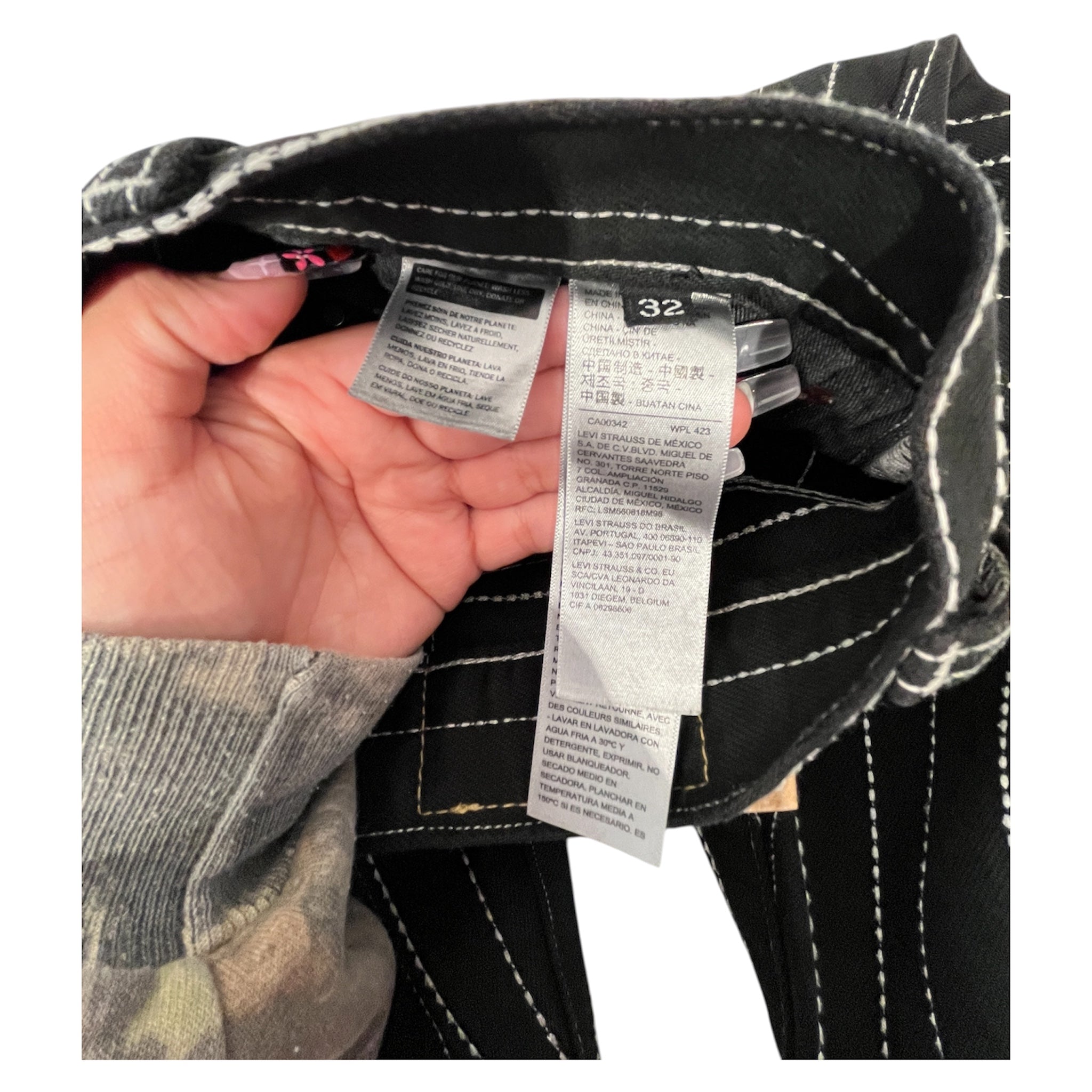 DENIM TEARS/Pants/32/Denim/BLK/Stripe/white stitching/patch on thigh view 3
