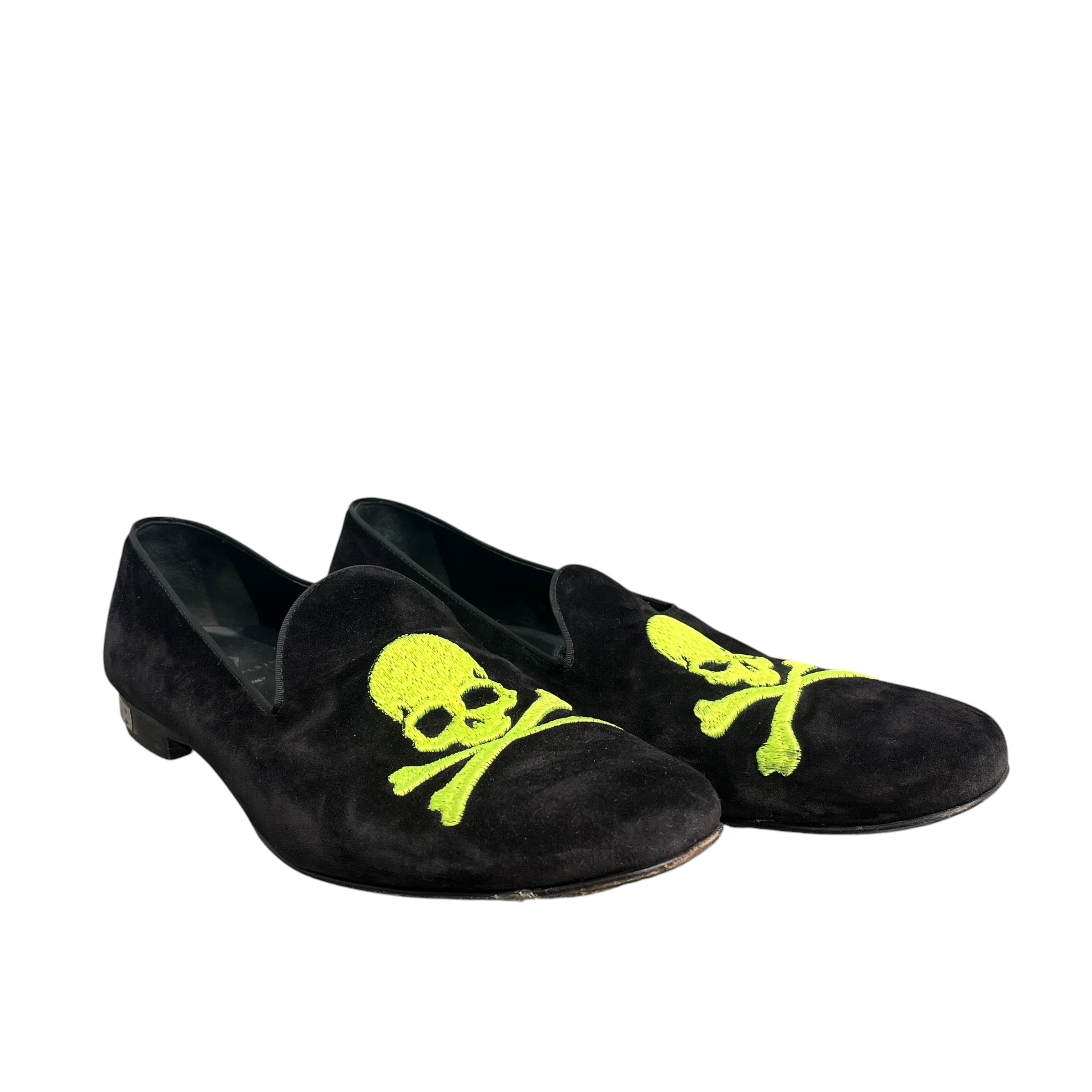 PHILIPP PLEIN/Loafers/EU 44/Graphic/Suede/BLK/NEON GREEN SKULL LOGO SLIP-ON view 1