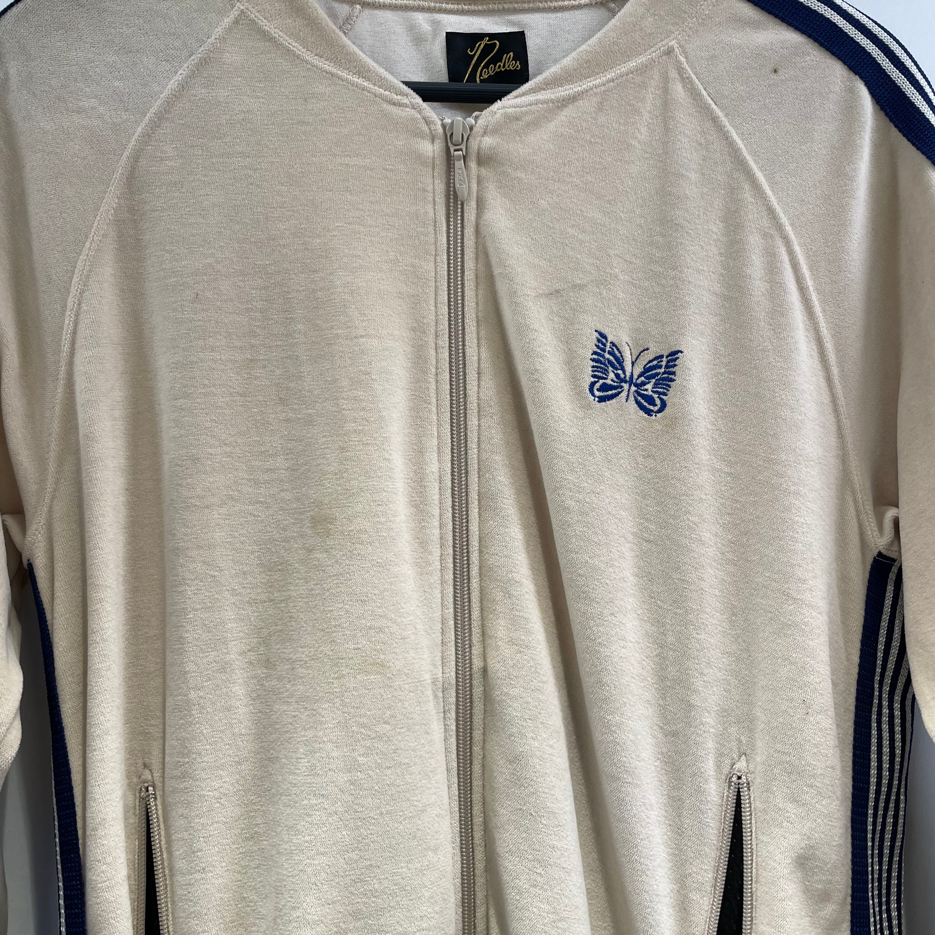 Needles/Fleece Jkt/S/Polyester/CRM/Stripe/velour navy stripe stained** view 3