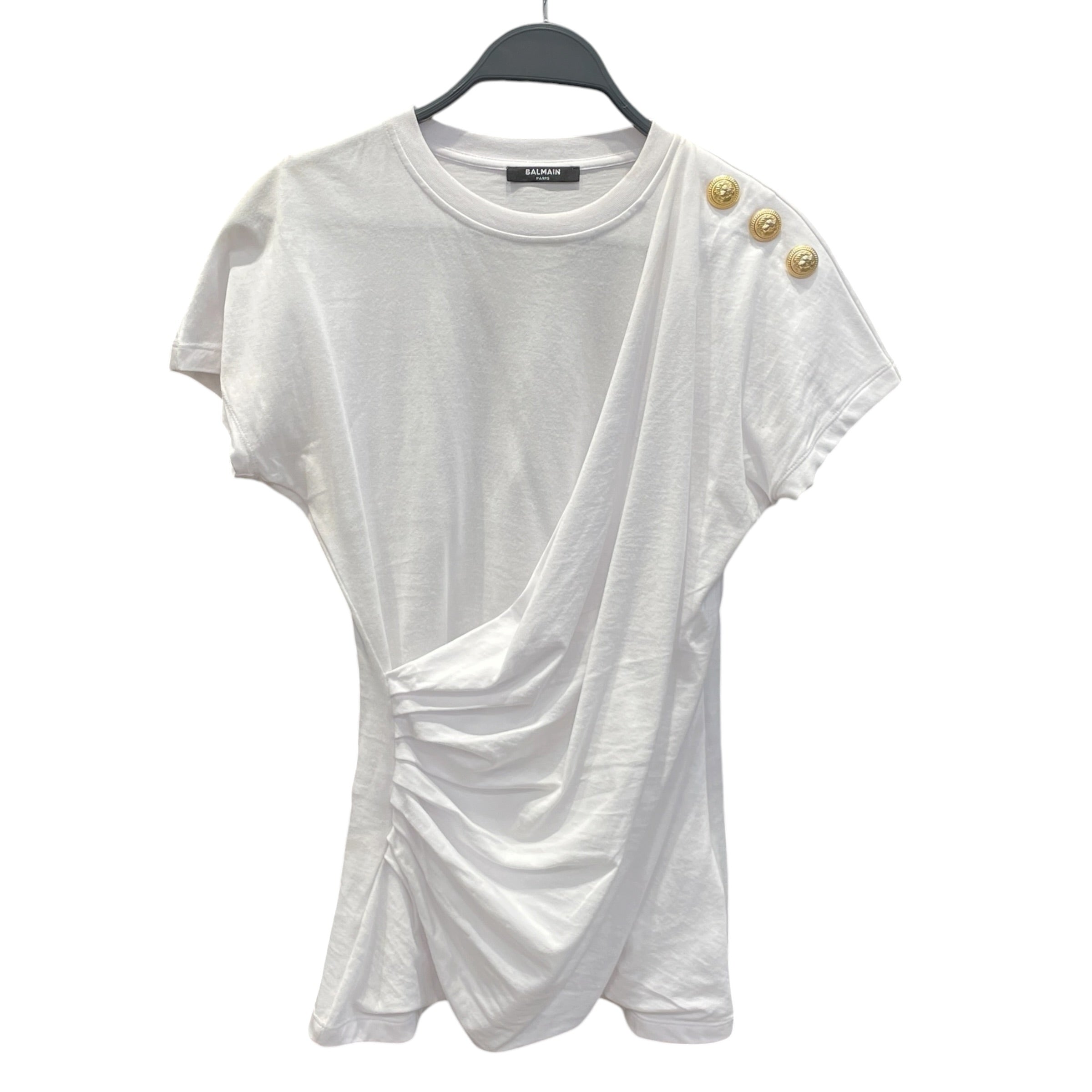 BALMAIN/T-Shirt/XS/Cotton/WHT/gold button detailing shoulder view 1
