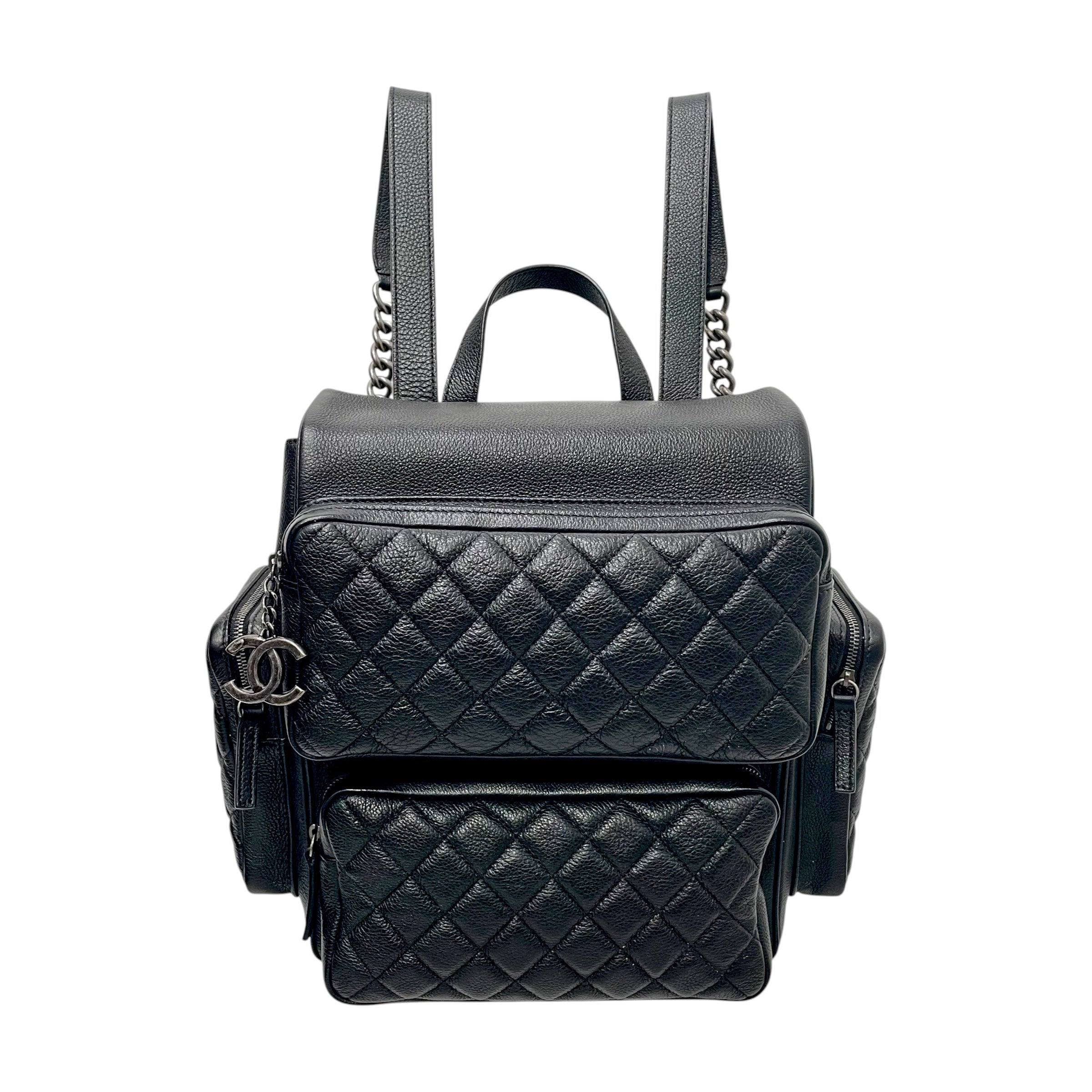 CHANEL/Backpack/Leather/BLK/casual rock airline back pack view 1