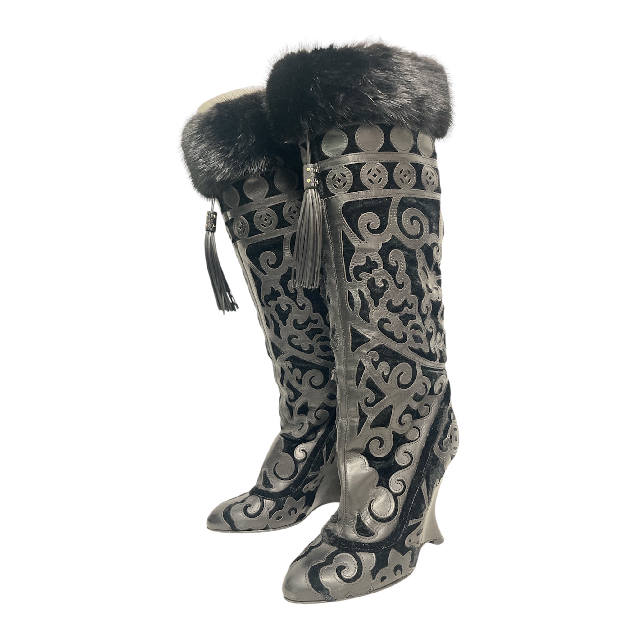 YVES SAINT LAURENT/Long Boots/EU 35.5/BLK/FUR TRIM PATTERNED WEDGE BOOT view 1