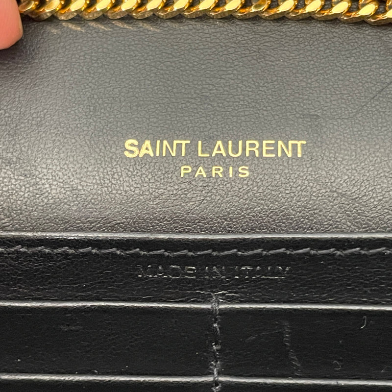 SAINT LAURENT/Cross Body Bag/Animal Pattern/Leather/BLK/CROC EMBOSSED WALLET ON CHAIN