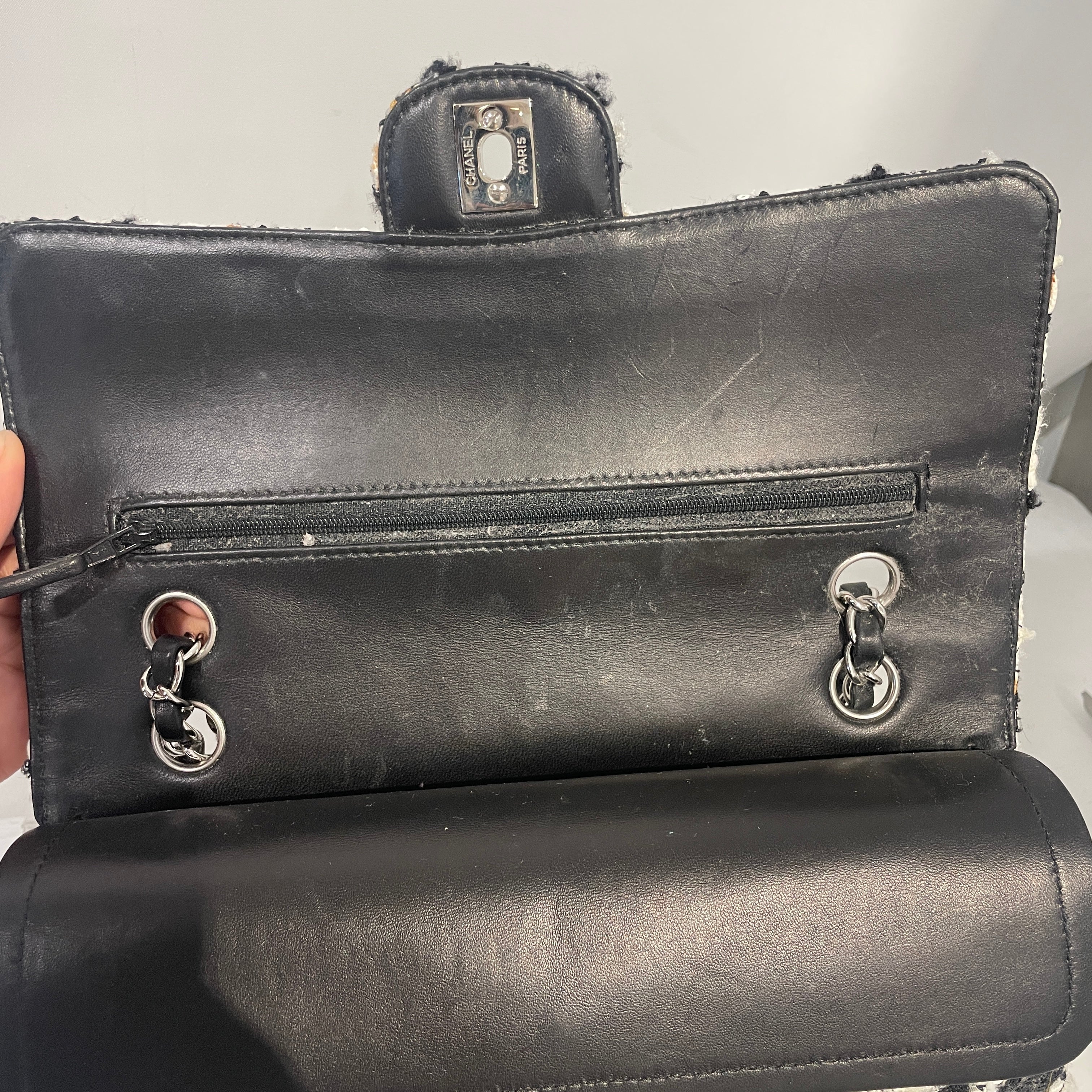 CHANEL/Hand Bag/Plaid/Tweed/WHT/Black/White Tweed Double Flap view 3