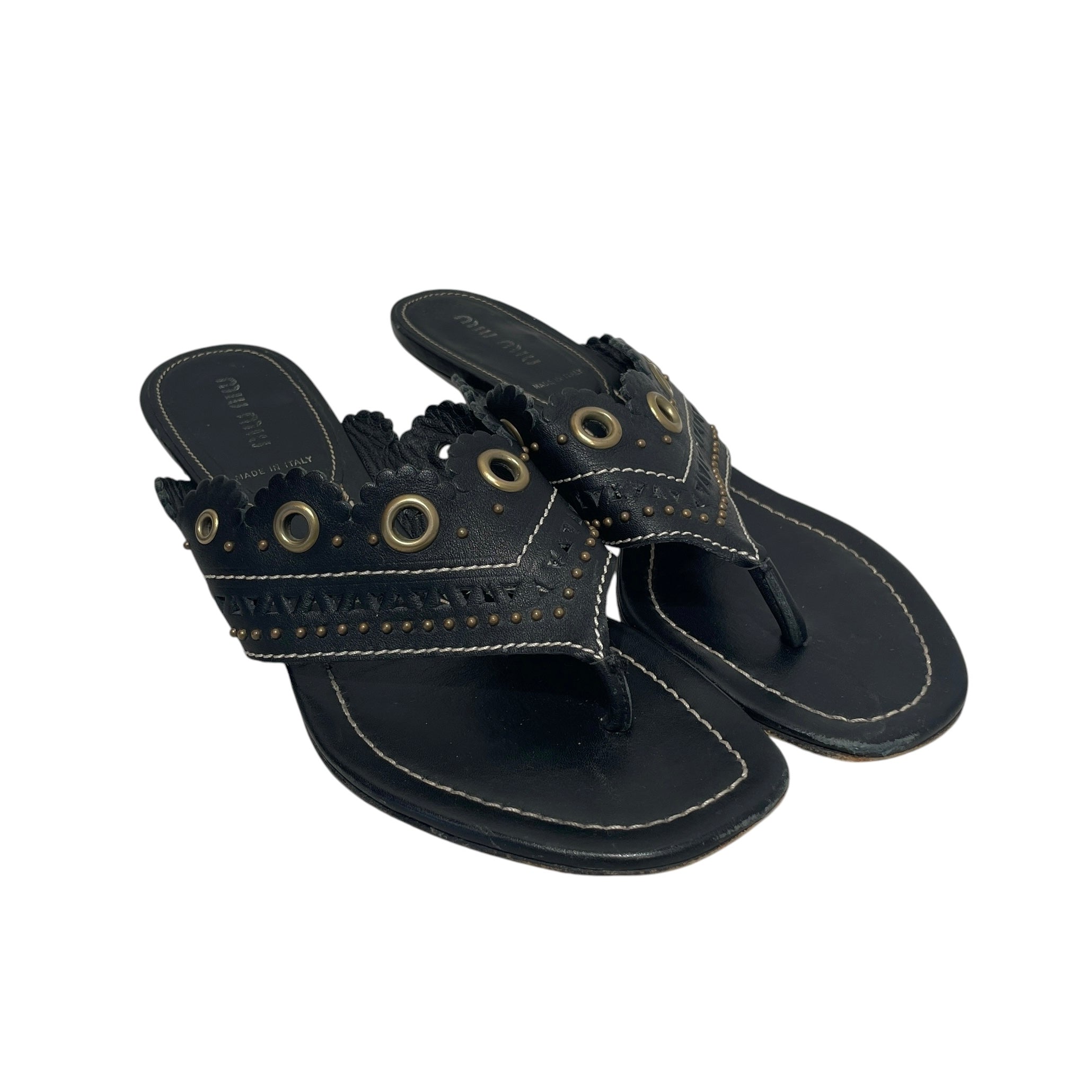 MIU MIU/Sandals/EU 37.5/Leather/BLK/Vintage Grommet Stud Mini Heel view 1