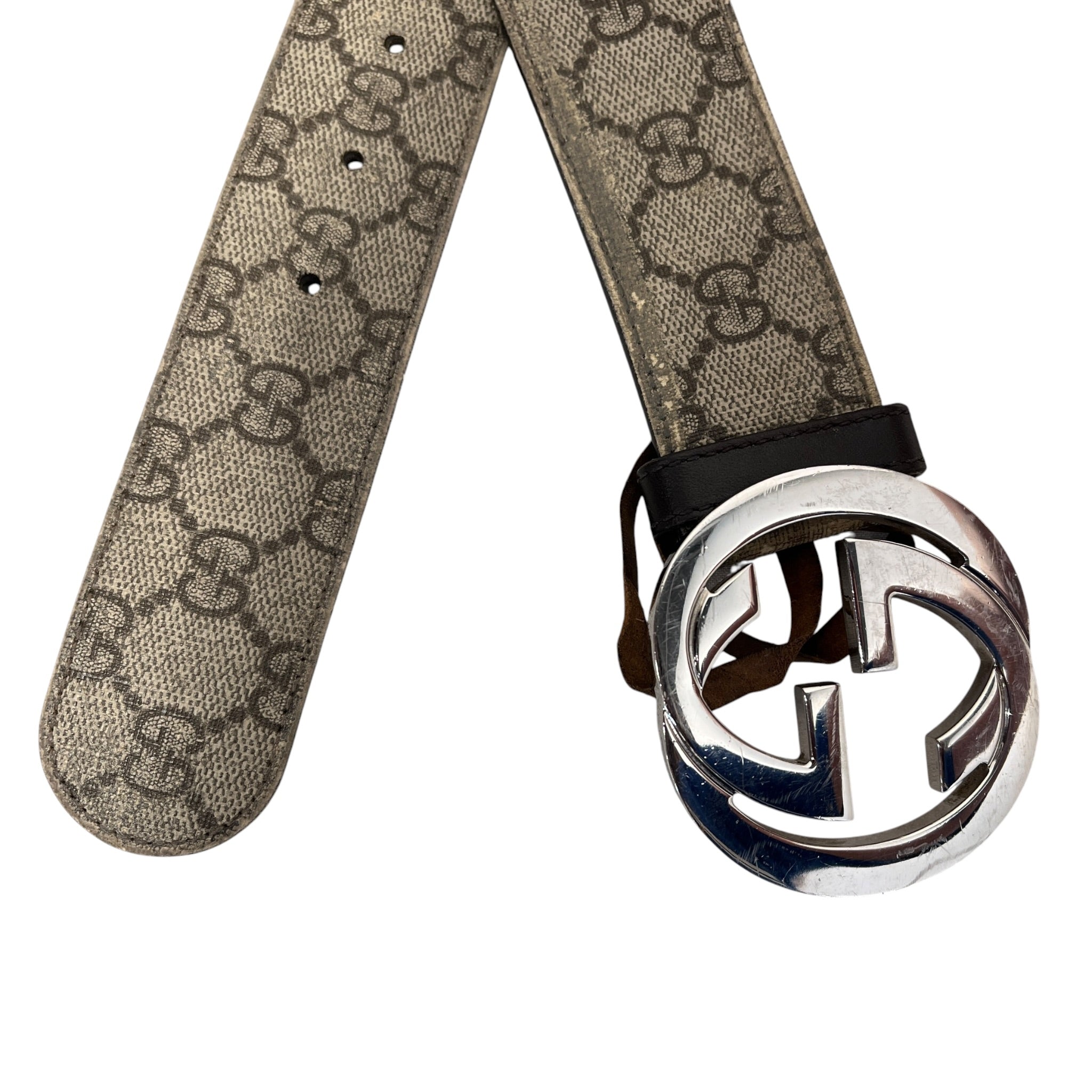 GUCCI/Belt/Monogram/Leather/GRY/M's/SILVER LOGO BUCKLE/BRW INSIDE view 2