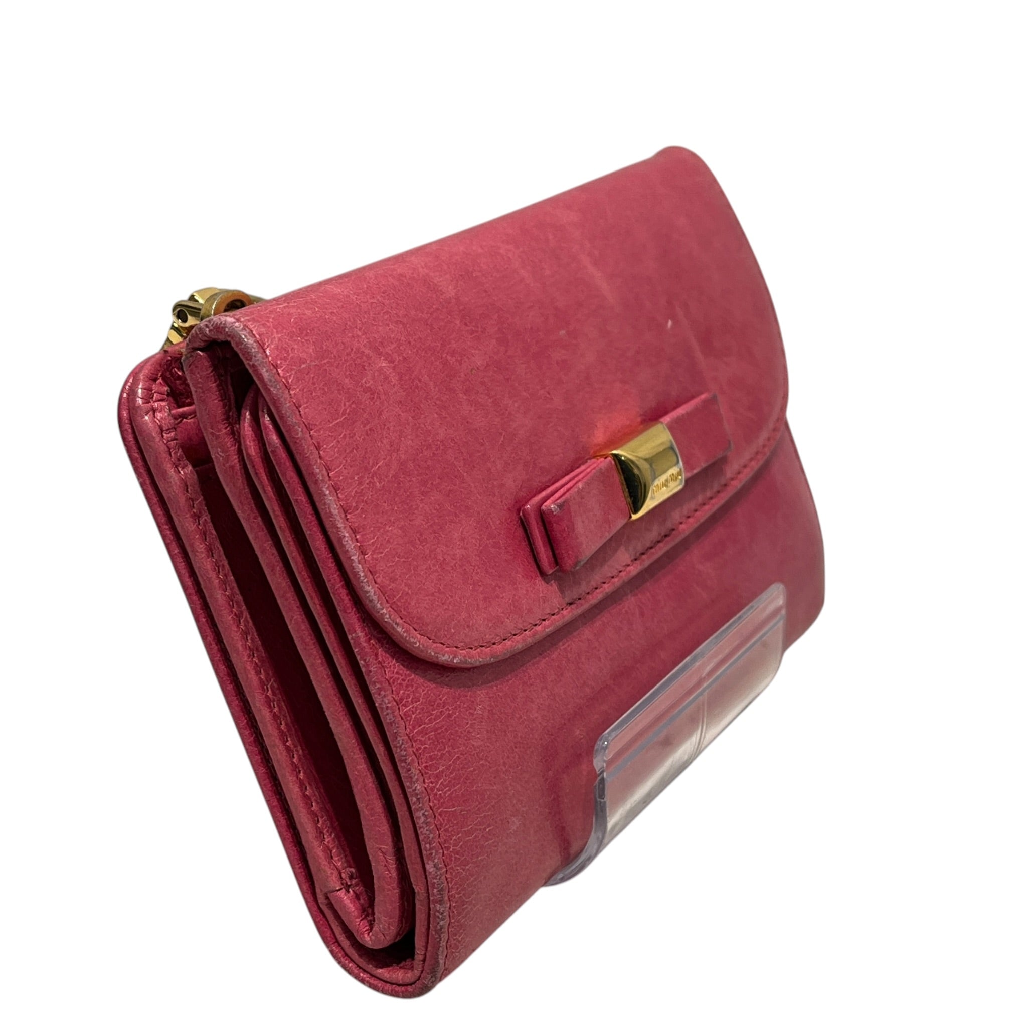 MIU MIU/Bifold Wallet/Leather/PNK/L's/front bow / gold hardware view 6