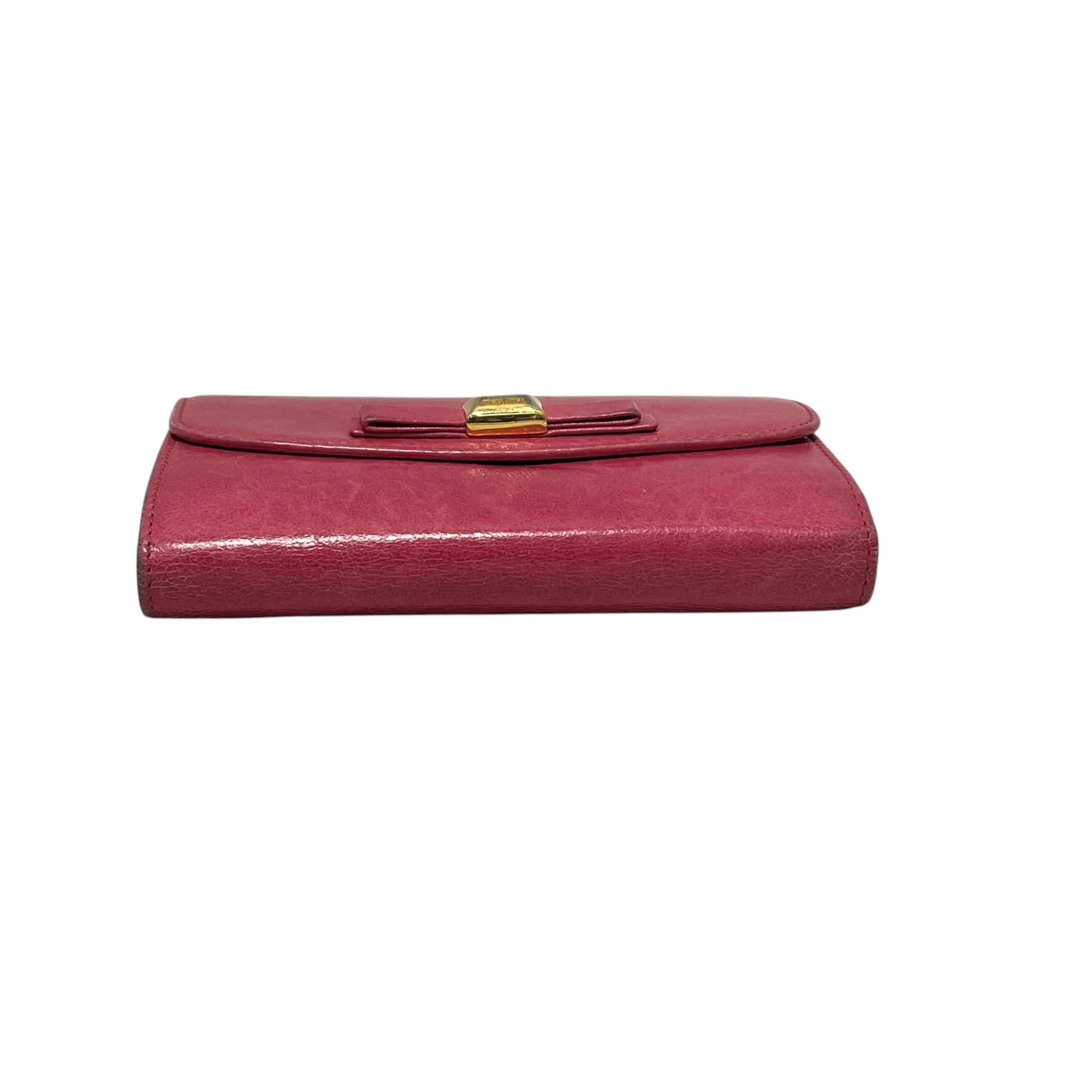 MIU MIU/Bifold Wallet/Leather/PNK/L's/front bow / gold hardware view 3