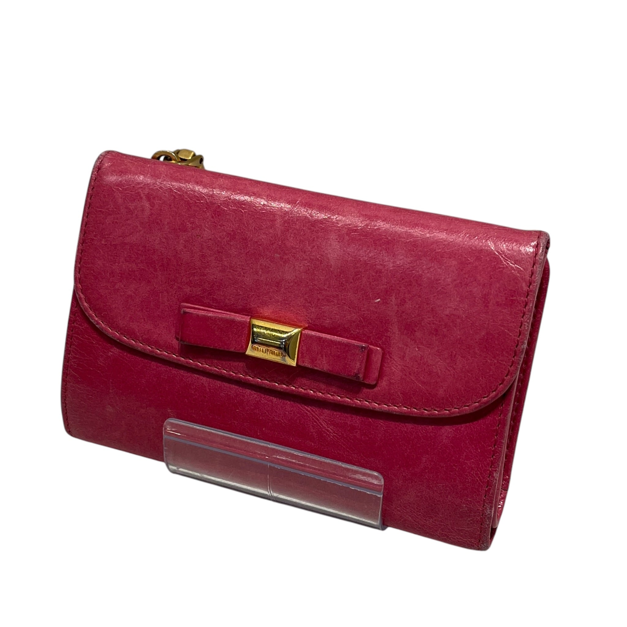 MIU MIU/Bifold Wallet/Leather/PNK/L's/front bow / gold hardware view 1