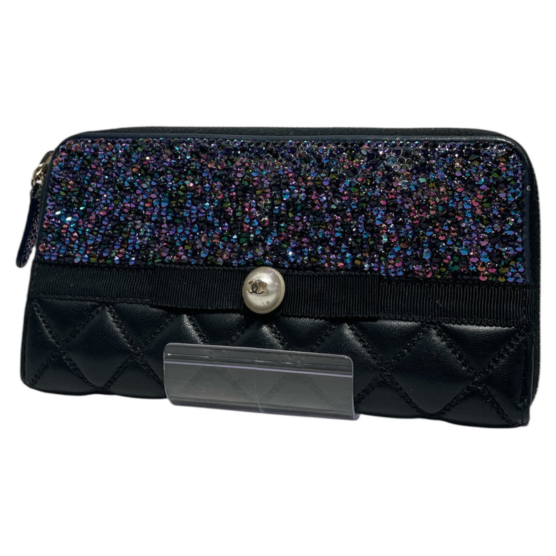 CHANEL/Trifold Wallet/Leather/BLK/SWARVARSKI MULTI
