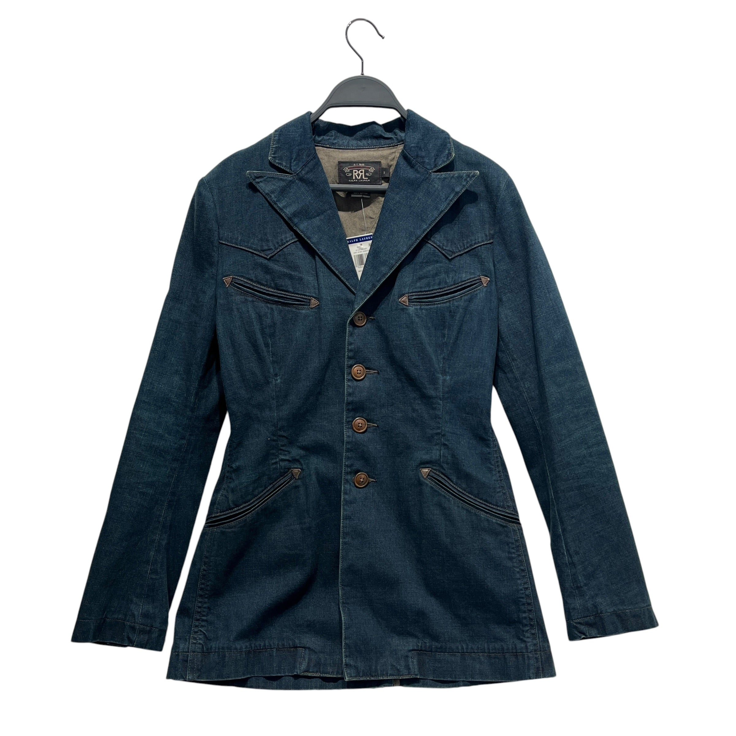 RRL/Tailored Jkt/3/Denim/NVY/fitted blazer brown buttons view 1
