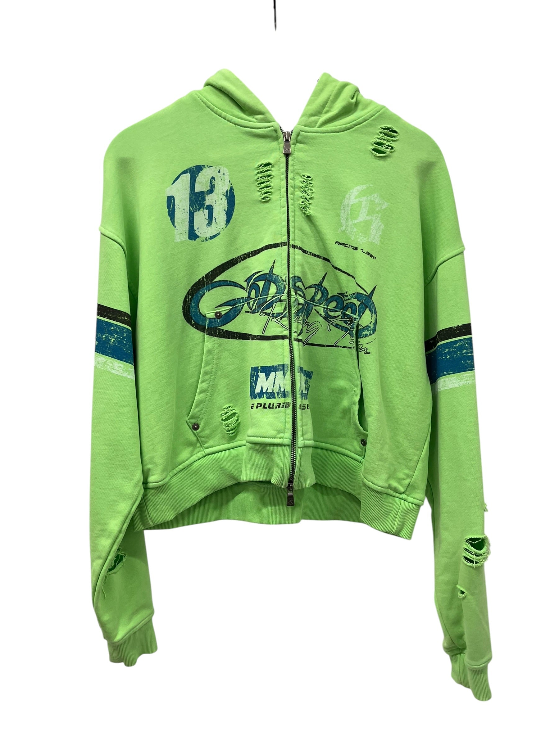 GODSPEED NEW YORK/Zip Up Hoodie/S/Graphic/Cotton/GRN/Distressed/RACER DISTRESSED HOODIE view 1