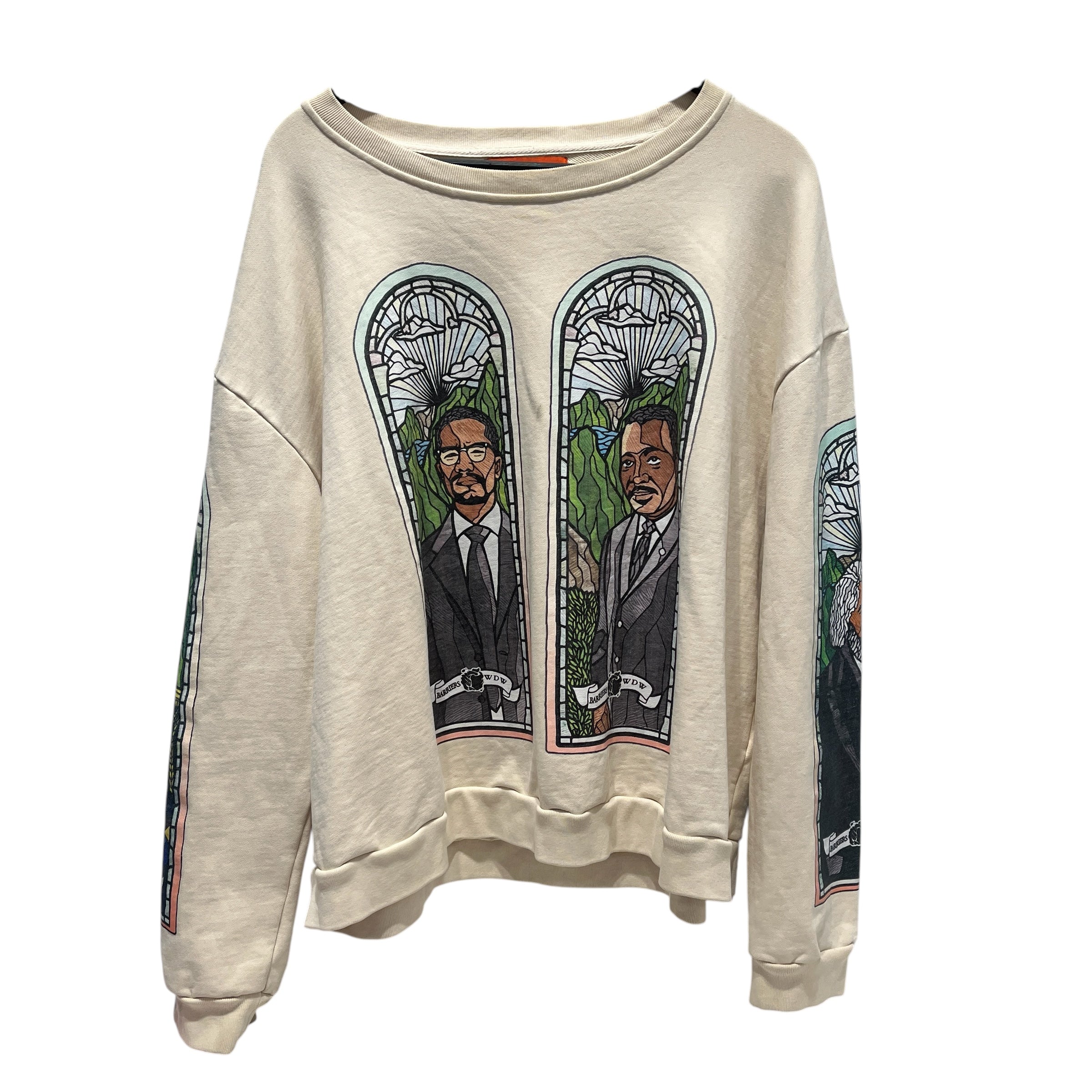 WHO DECIDES WAR/BARRIERS/Sweatshirt/L/Graphic/Cotton/BEG/stain glass crewneck view 1