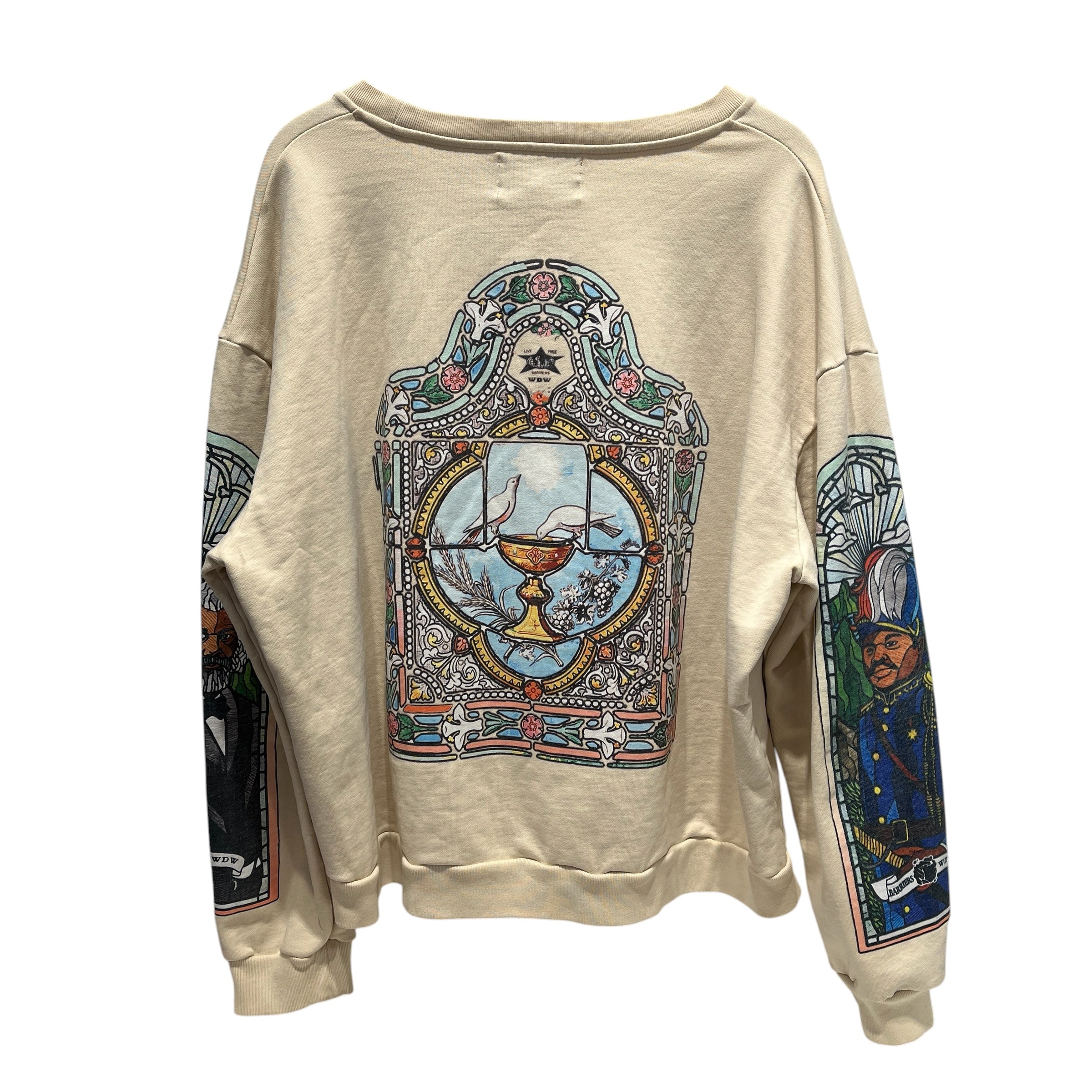 WHO DECIDES WAR/BARRIERS/Sweatshirt/L/Graphic/Cotton/BEG/stain glass crewneck view 2