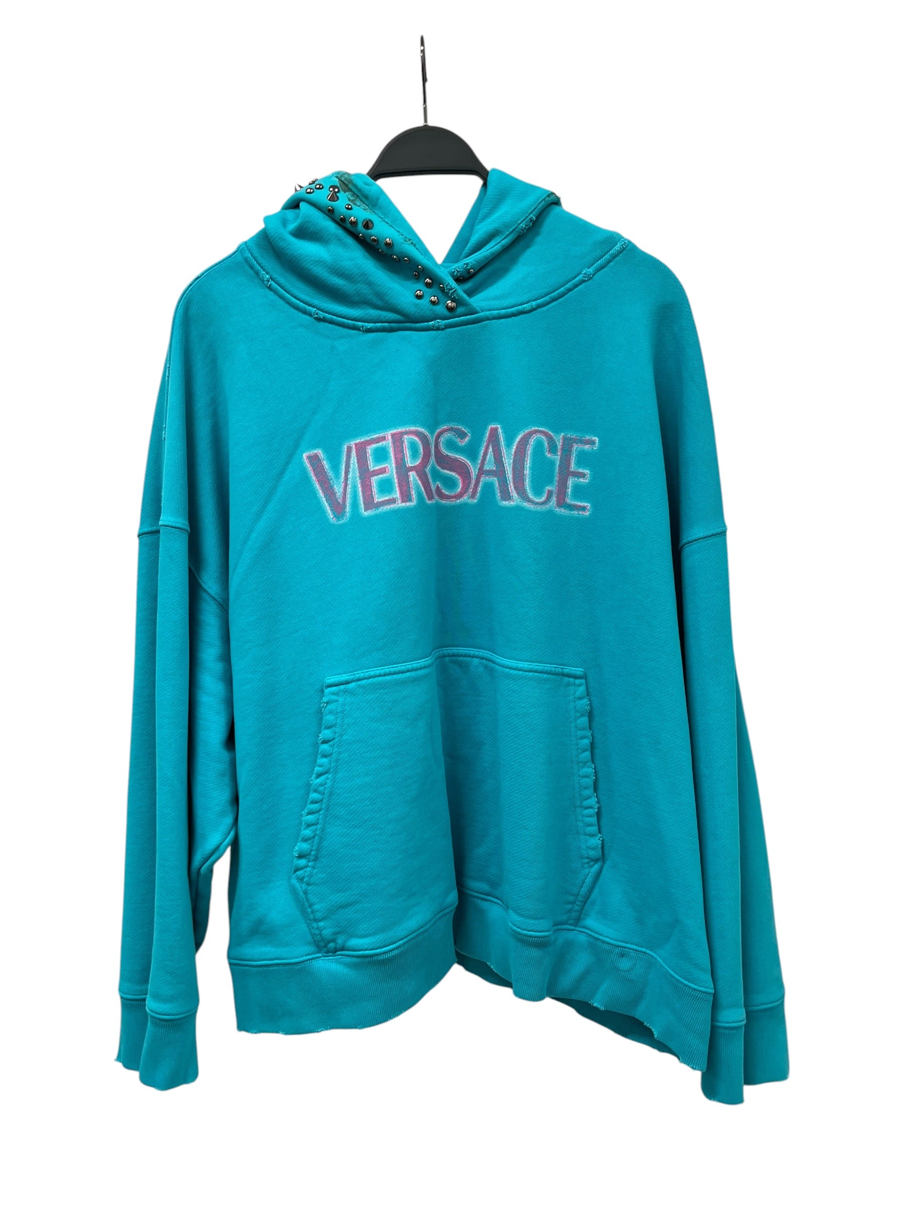 VERSACE/Hoodie/44/Cotton/BLU/LOGO PRINT STUDDED HOODIE view 1