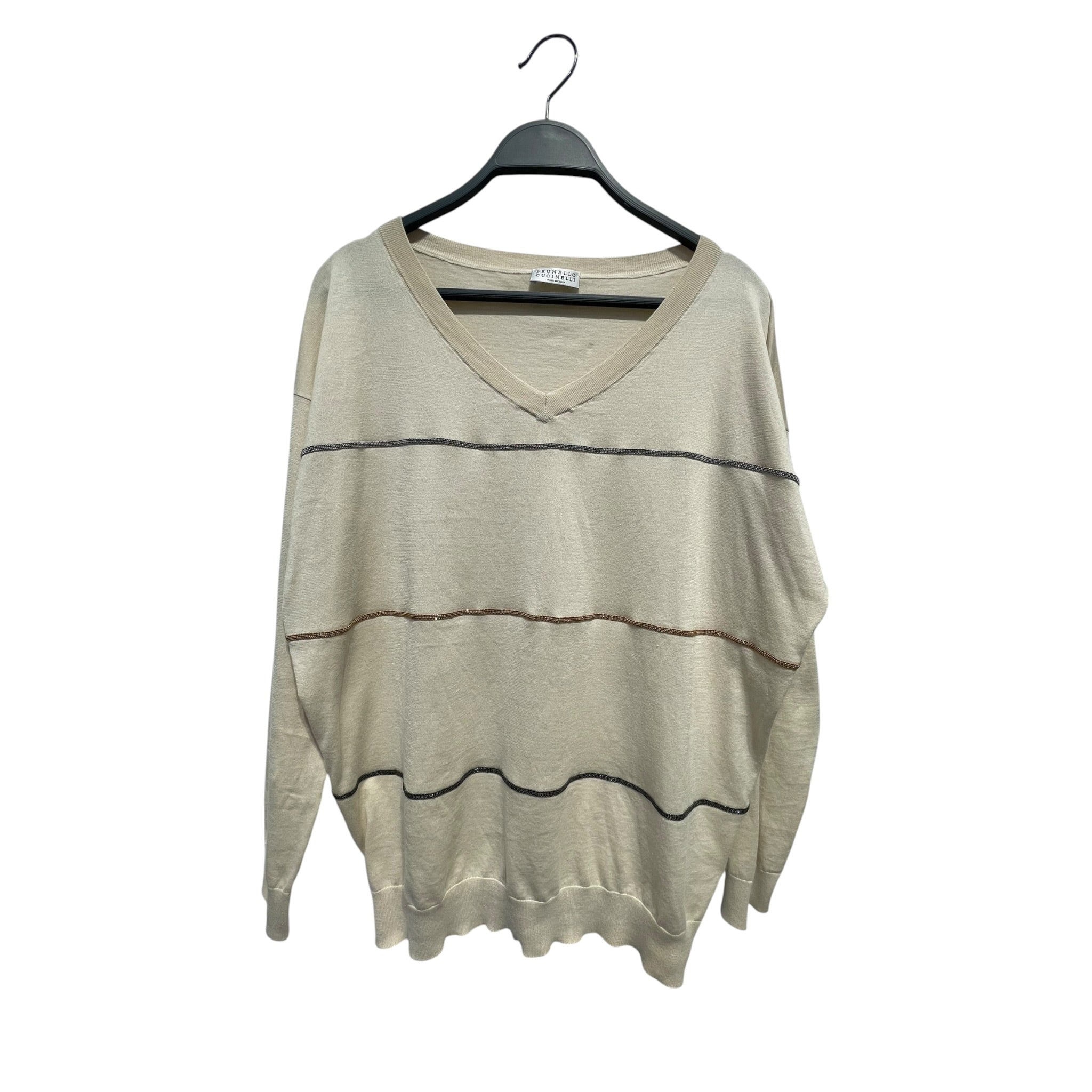 BRUNELLO CUCINELLI/Sweater/M/Cotton/BEG/three beaded stripes view 1