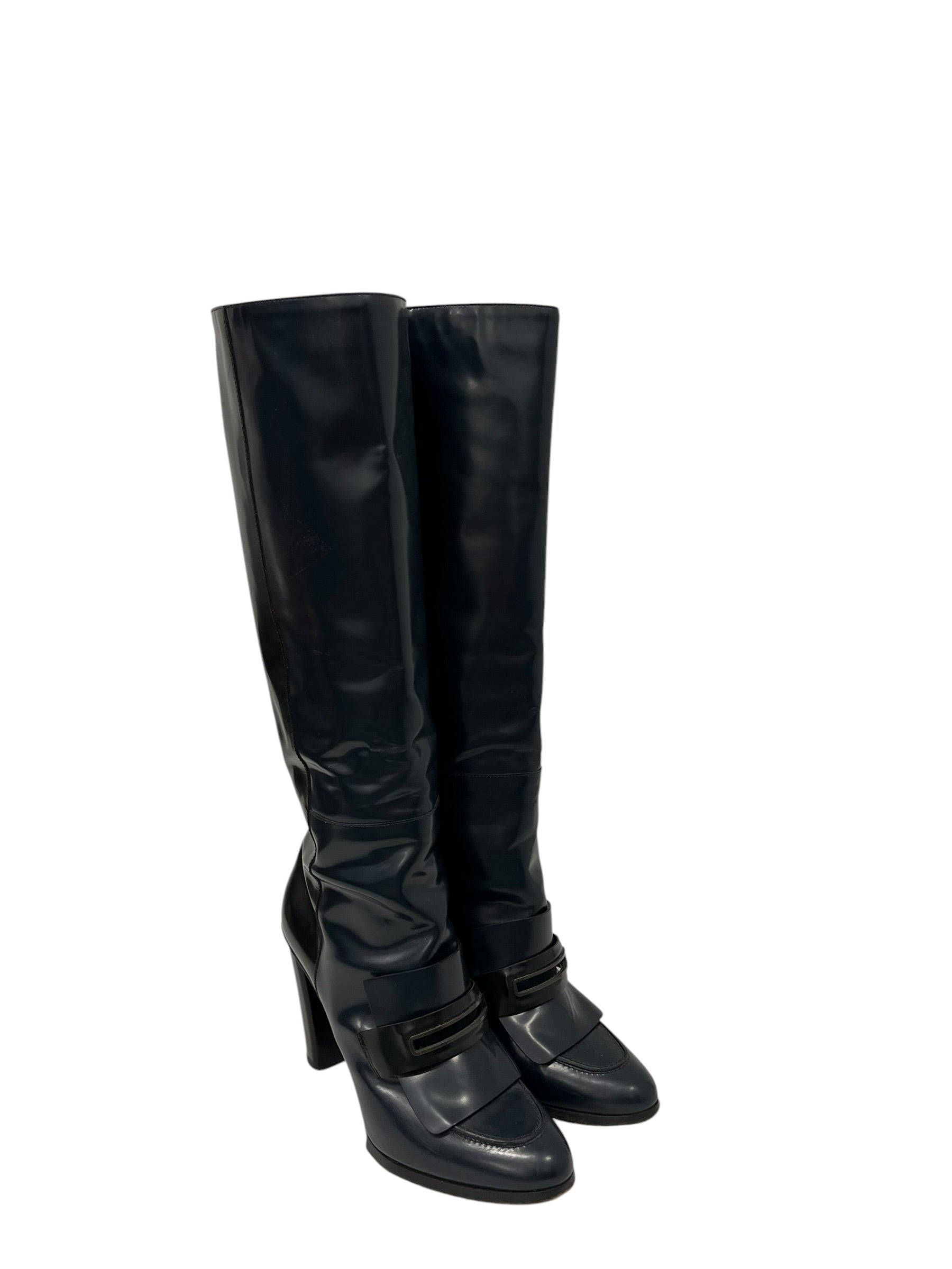 BALENCIAGA/Boots/EU 38.5/Leather/NVY/Patent/PATENT PENNY LOAFER BOOT view 1