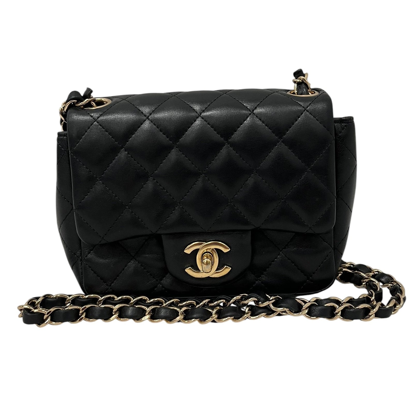 CHANEL/Cross Body Bag/Leather/BLK/MINI FLAP, GOLD CHAIN view 1
