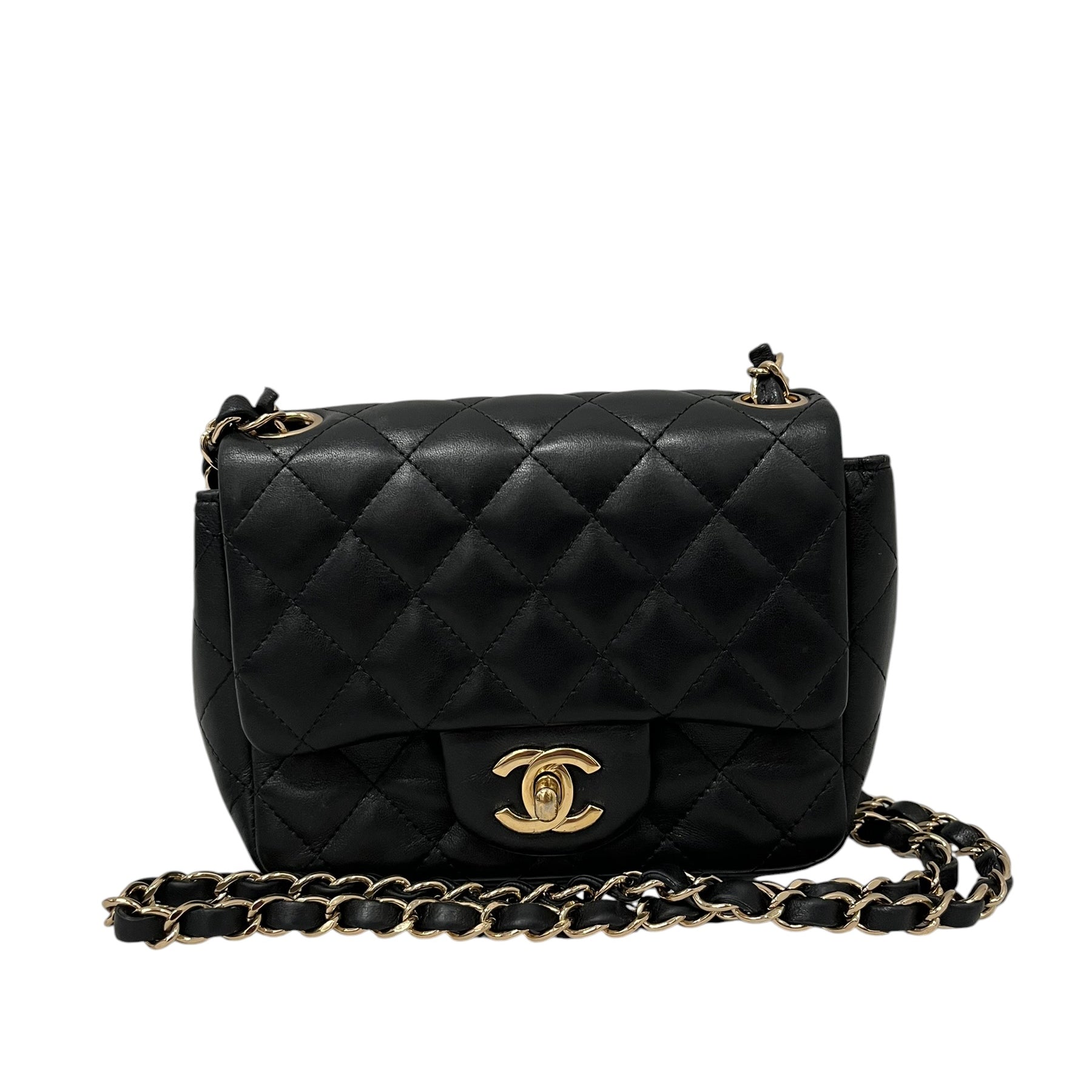 CHANEL/Cross Body Bag/Leather/BLK/MINI FLAP, GOLD CHAIN