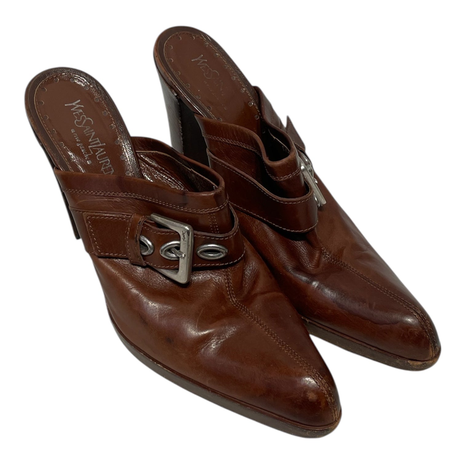YVES SAINT LAURENT rive gauche/Heels/US 8/Leather/BRW/silver buckle view 1