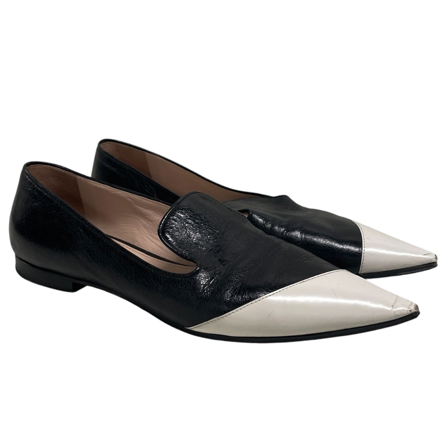 MIU MIU/Flat Shoes/US 6.5/Leather/BLK/V-Tip/WHT TIP LOAFER view 1