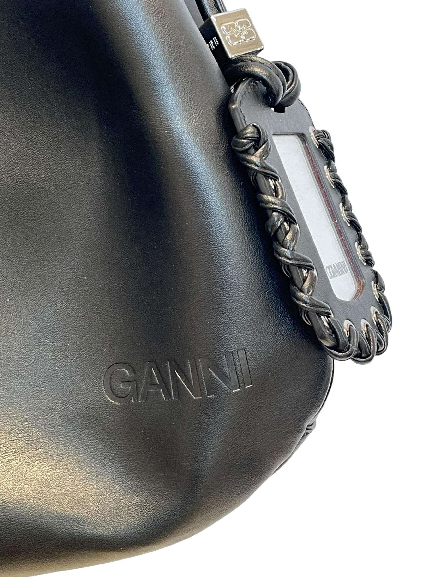 GANNI/Hand Bag/Leather/BLK/hobo bag/sil hard/mirror/squar view 3