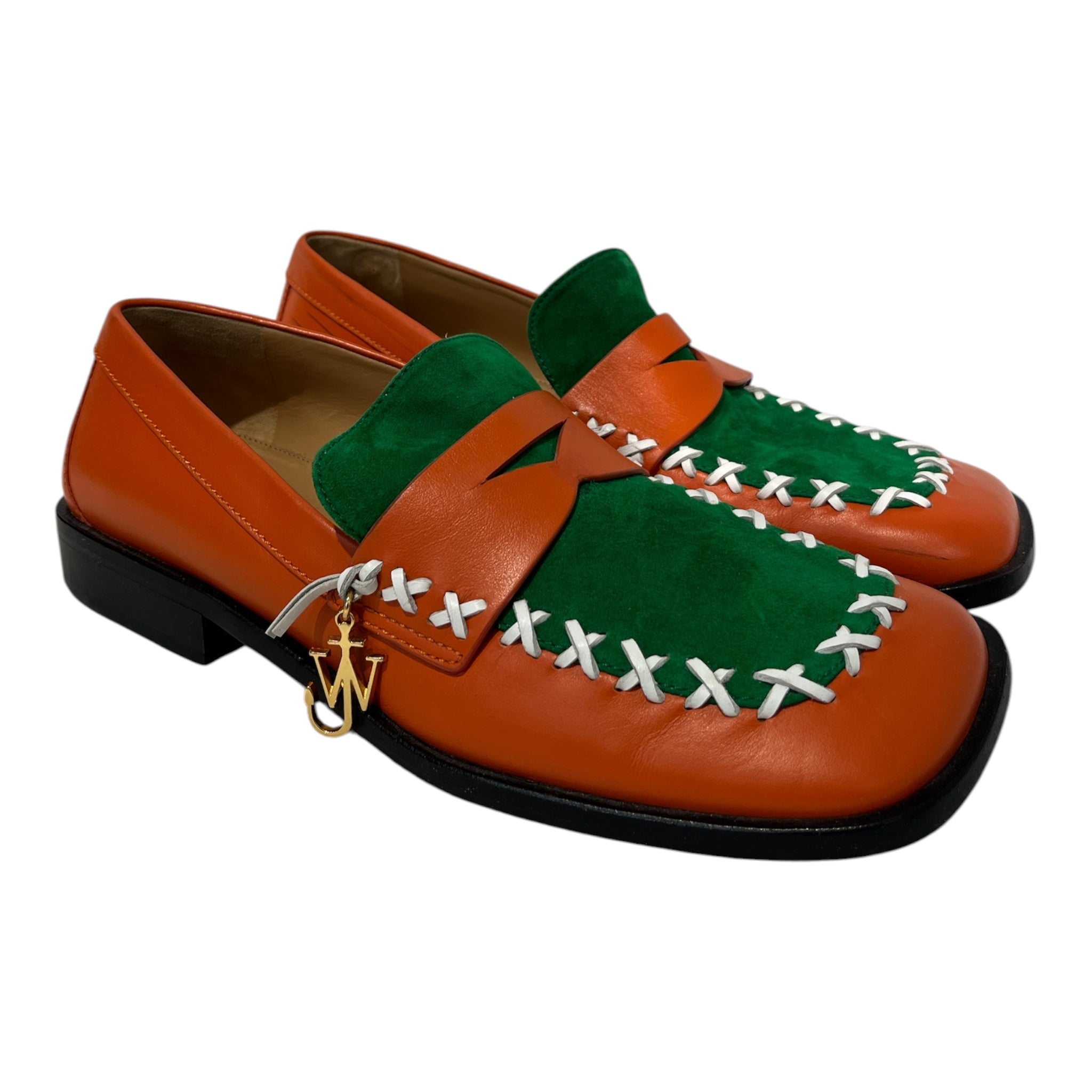 JW ANDERSON(J.W.ANDERSON)/Loafers/US 7/Leather/ORN/Slip-on/white stitched org/grn loafers view 1