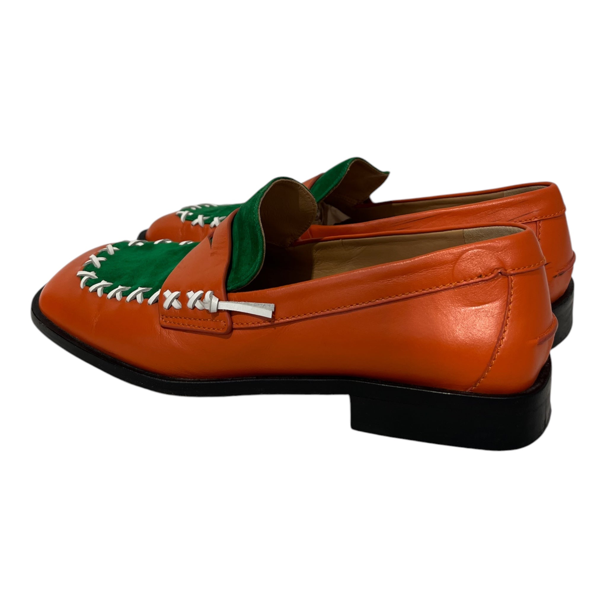 JW ANDERSON(J.W.ANDERSON)/Loafers/US 7/Leather/ORN/Slip-on/white stitched org/grn loafers view 3