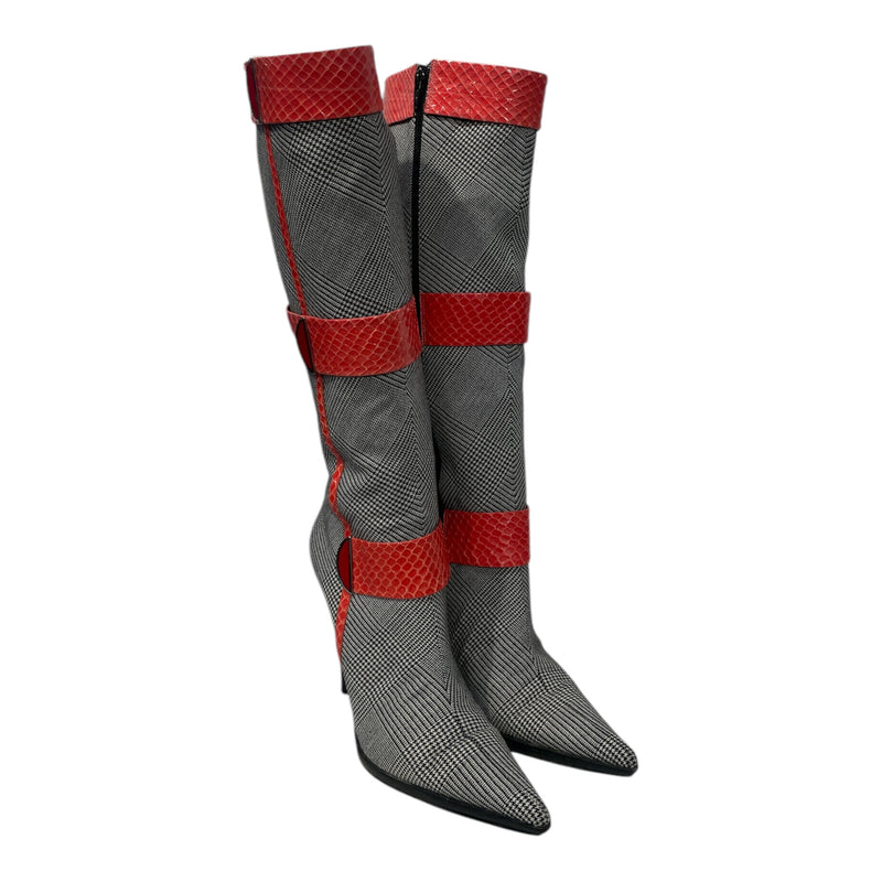 CASADEI/Long Boots/US 9/Plaid/Cotton/GRY/Knee-high/Plaid And Snakeskin