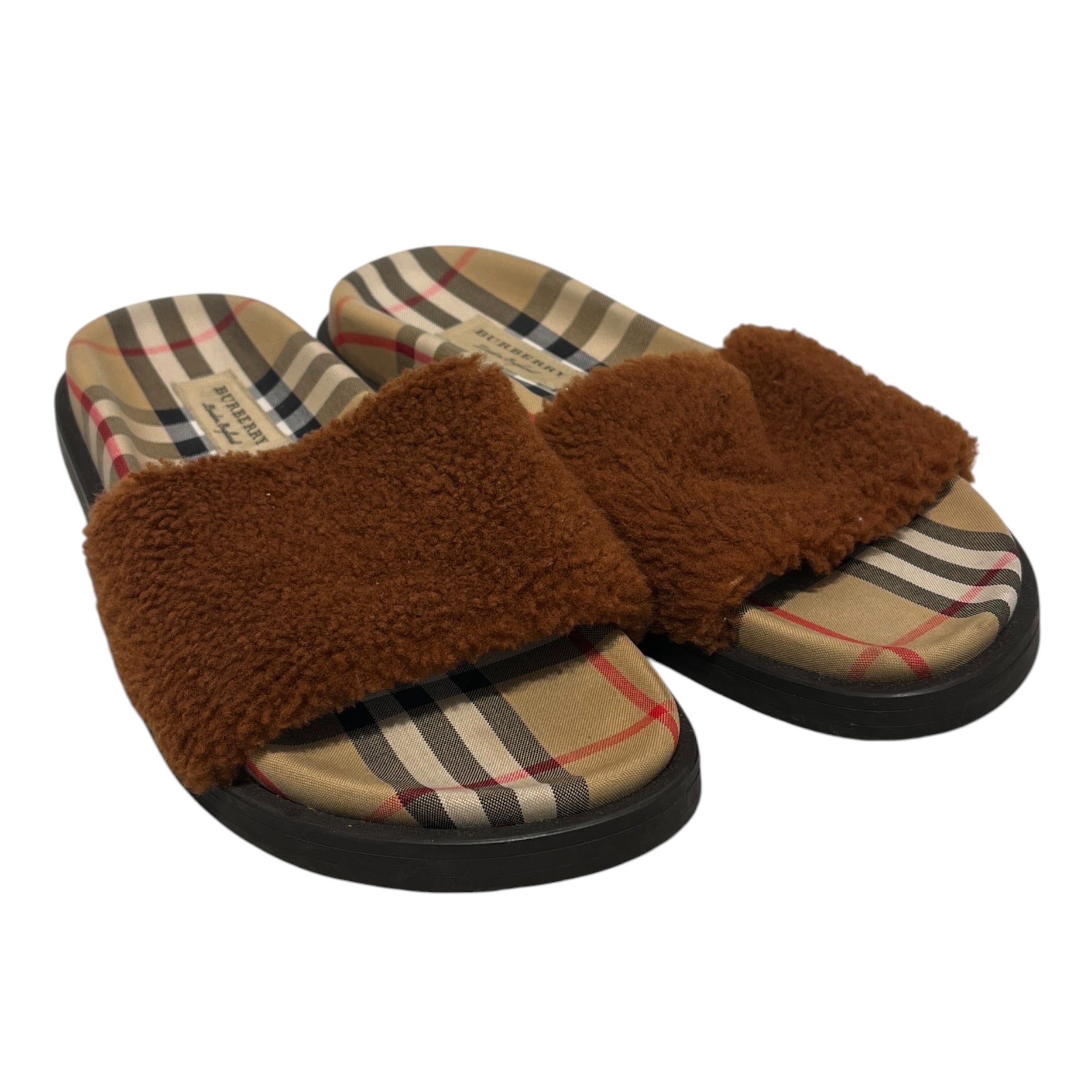 BURBERRY LONDON/Sandals/EU 36.5/Plaid/BRW/Open-Toe/Shearling Printed Check Slides view 1