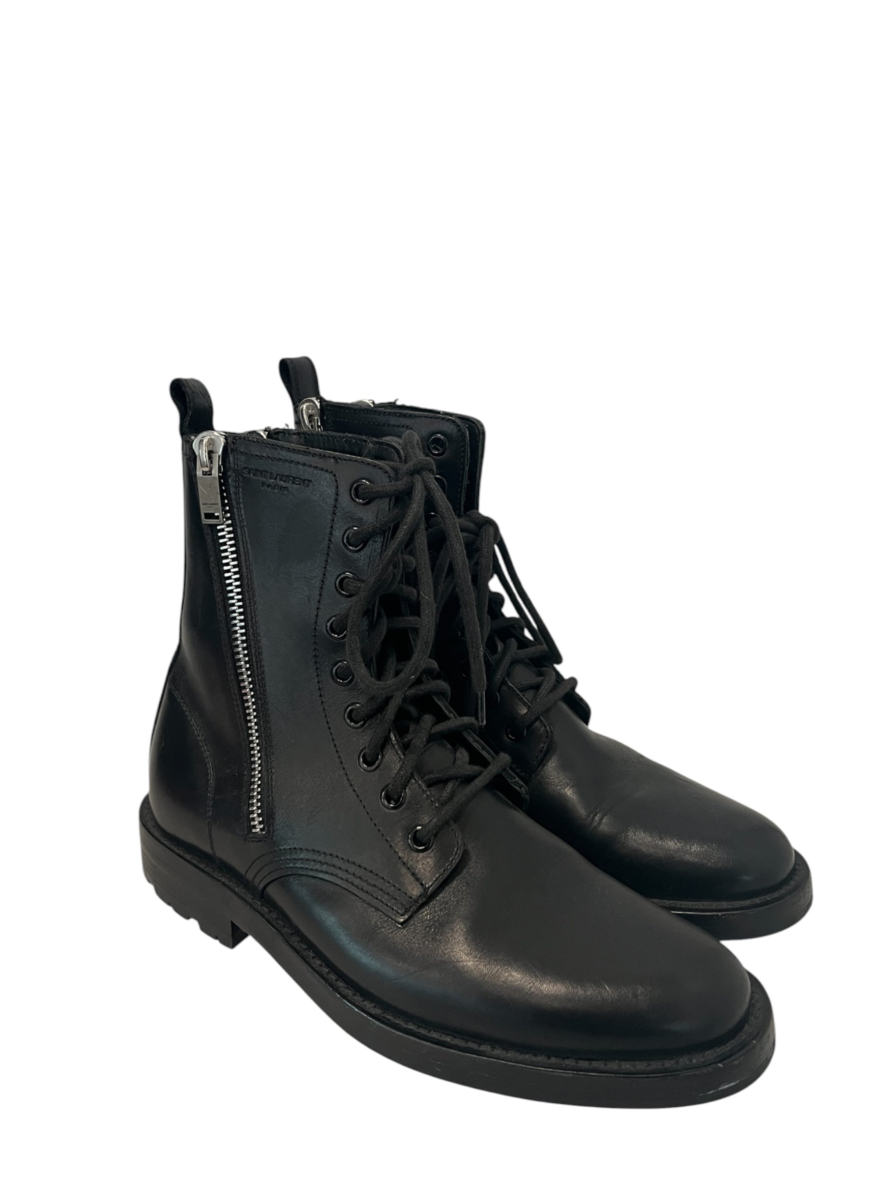 YVES SAINT LAURENT/Biker Boots/EU 40/Leather/BLK/Double Zip Lace Up Boots view 1