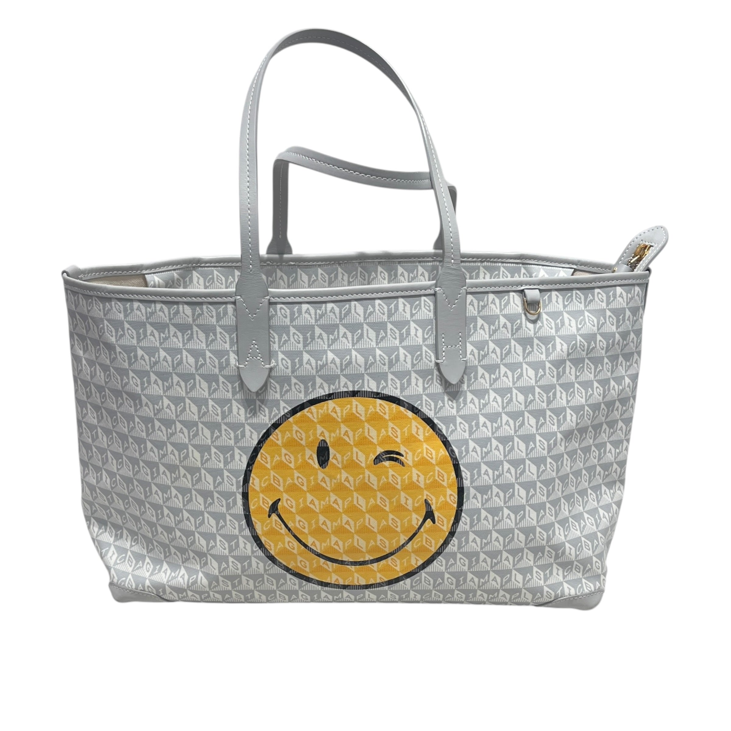ANYA HINDMARCH/SMILEY FACE/Tote Bag/All Over Print/Leather/GRY/i am a plastic bag wink face view 1