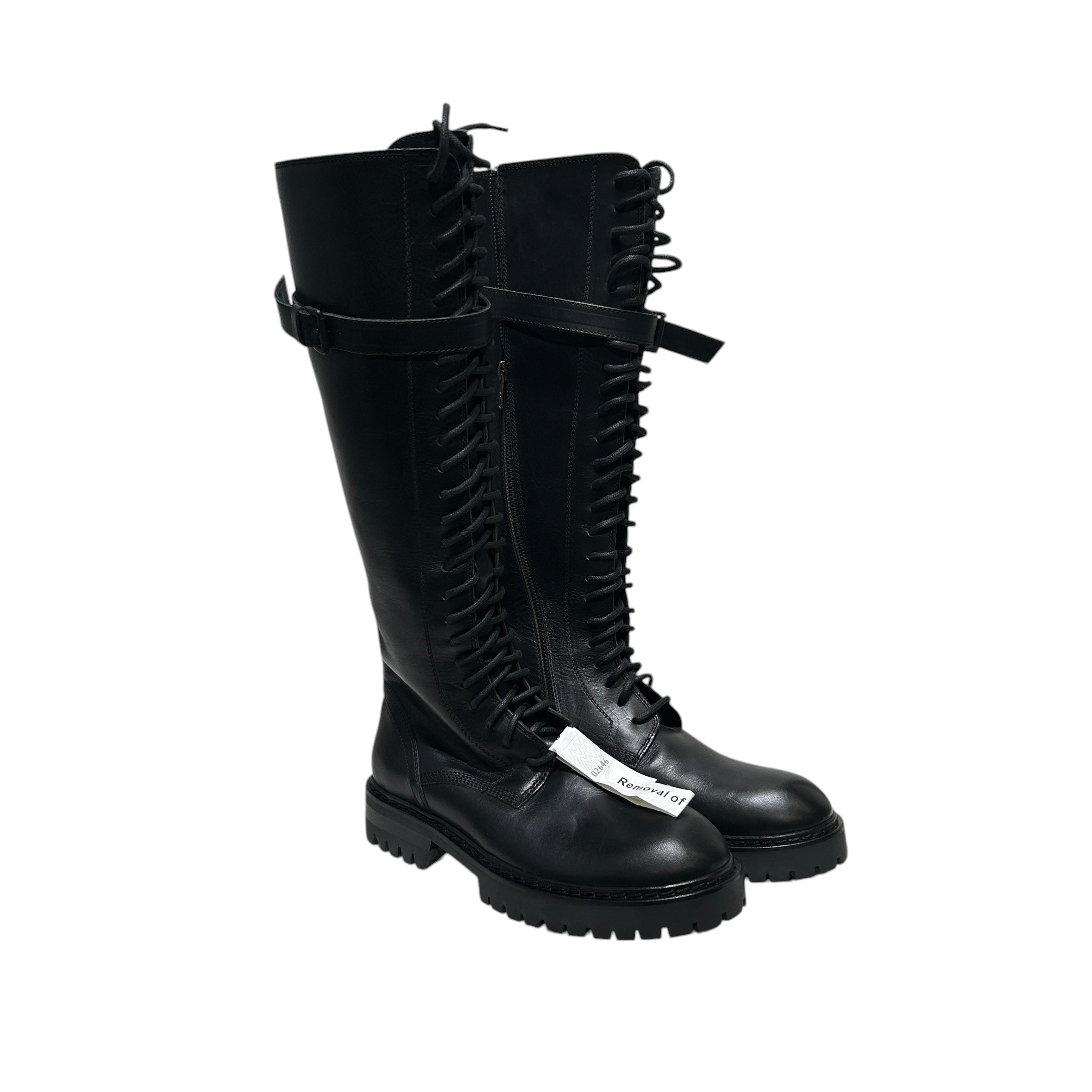 ANN DEMEULEMEESTER/Lace Up Boots/EU 38/Leather/BLK/KNEE HIGH LACEUP STRAP TOP view 1