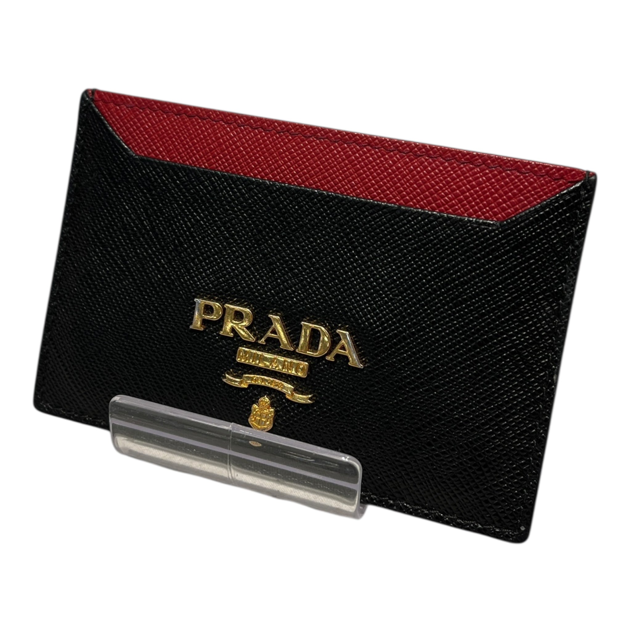 PRADA/Card Case/Leather/BLK/red interior gold logo view 1