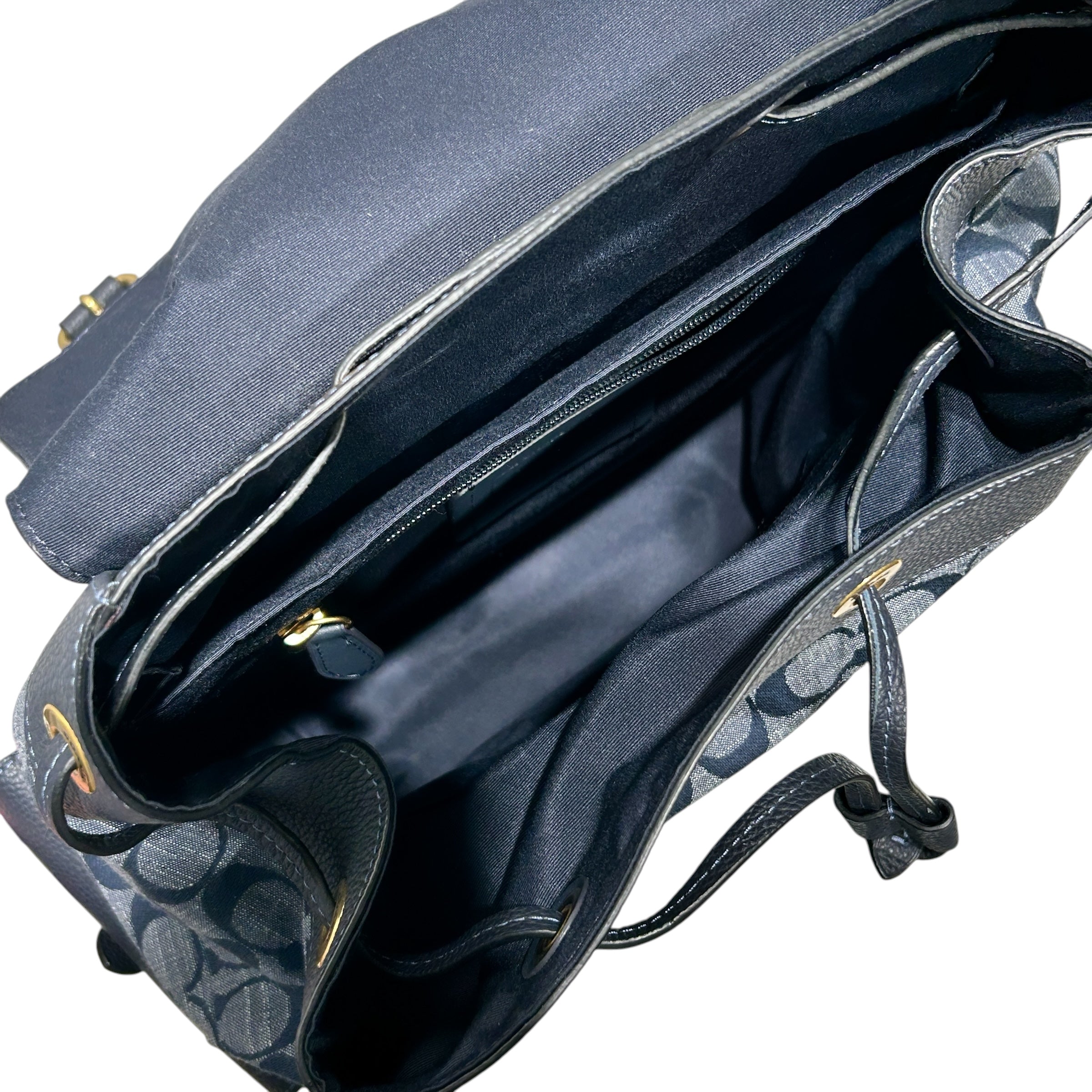 COACH/Backpack/Monogram/NVY/DOUBLE GLD BUCKL DENIM FRNT view 3