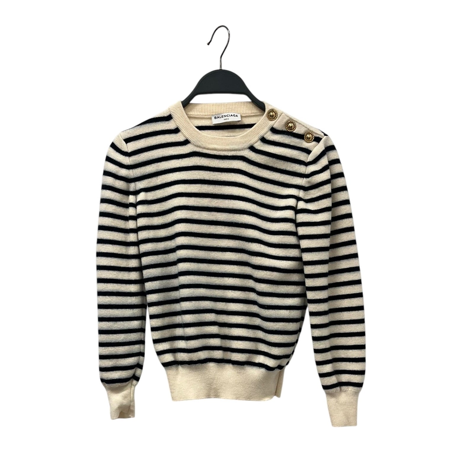 BALENCIAGA/Sweater/34/Stripe/Wool/WHT/GOLD BUTTONS AT SHOULDERS view 1