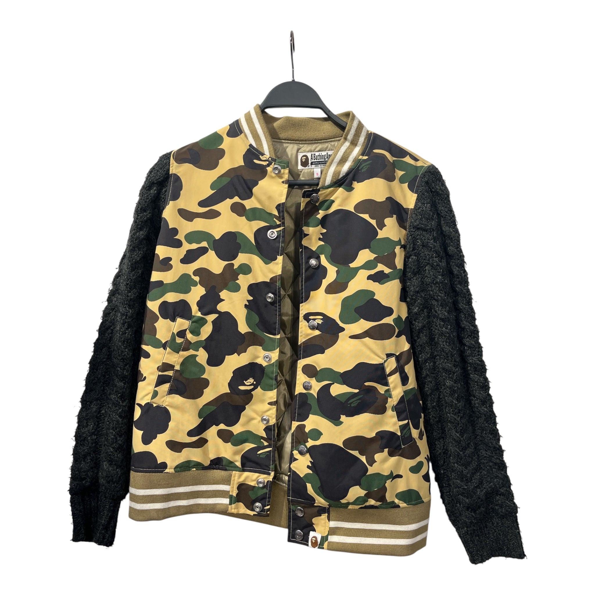 A BATHING APE/Quilted Jkt/S/Nylon/YEL/Camouflage/KNIT GRY SLEEVES BOMBER view 1