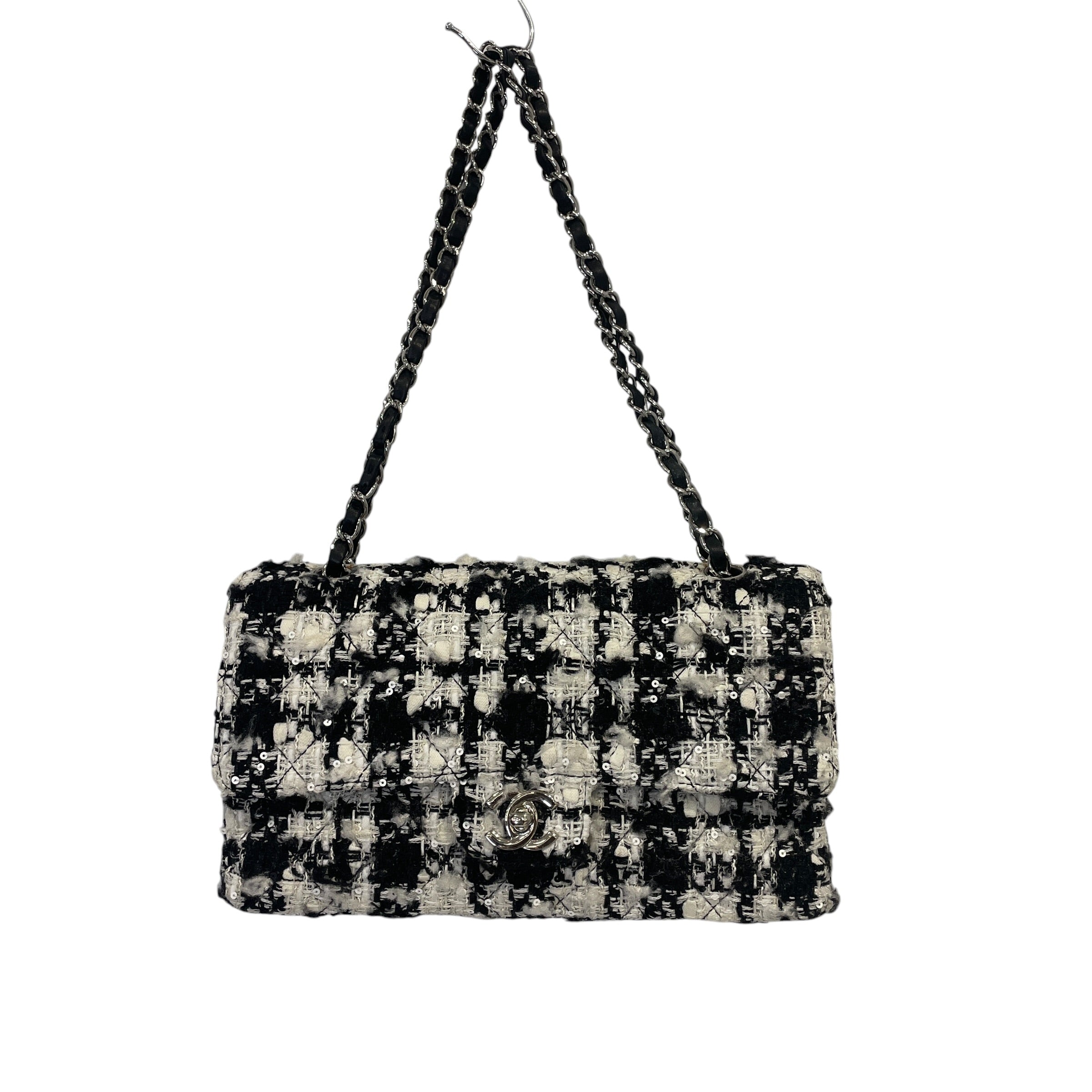 CHANEL/Hand Bag/Plaid/Tweed/WHT/Black/White Tweed Double Flap view 2