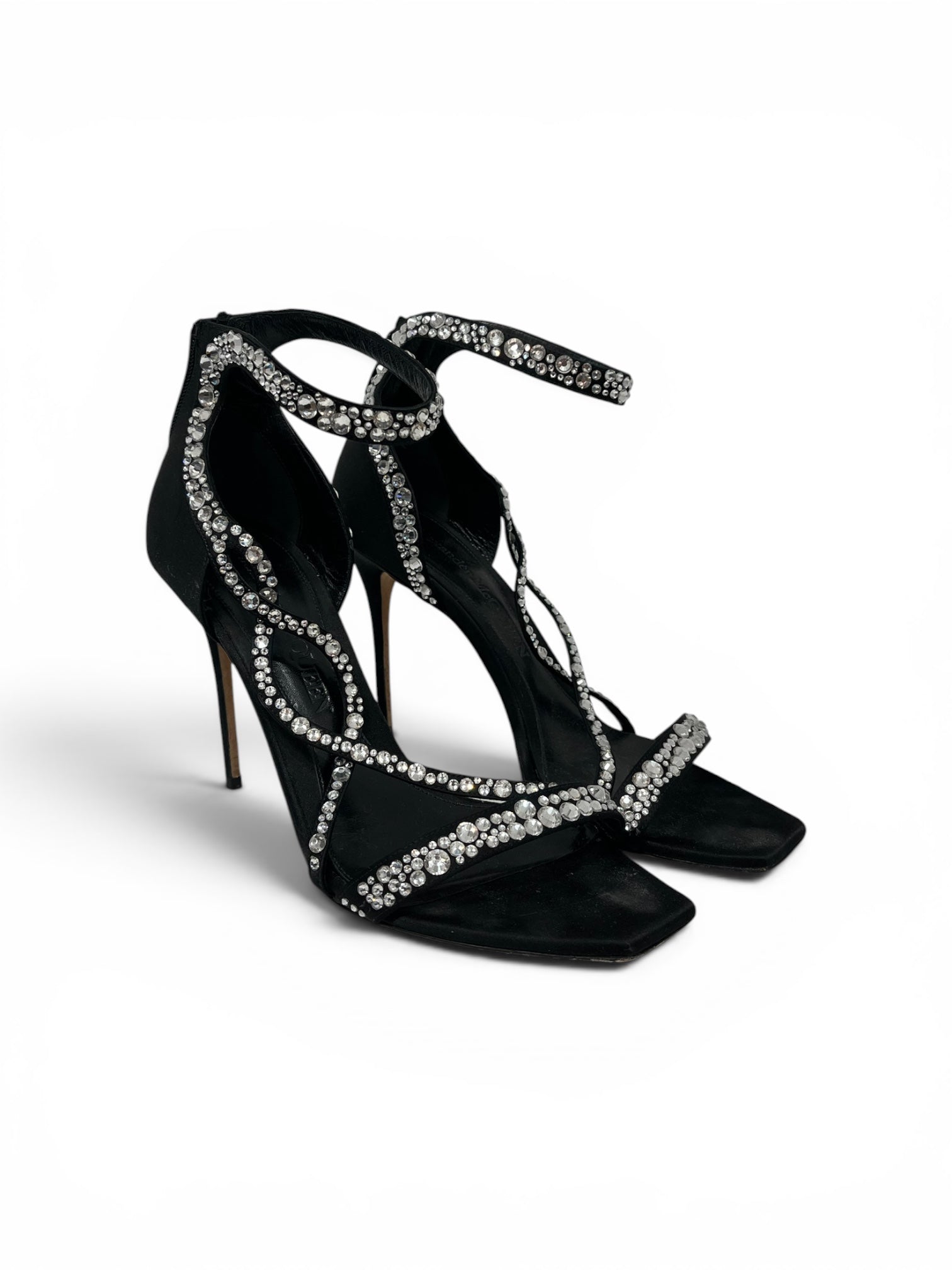 Alexander McQueen/Heels/EU 40.5/Silk/BLK/Ankle Strap/SATIN HEEL, DIAMOND STRAP view 1