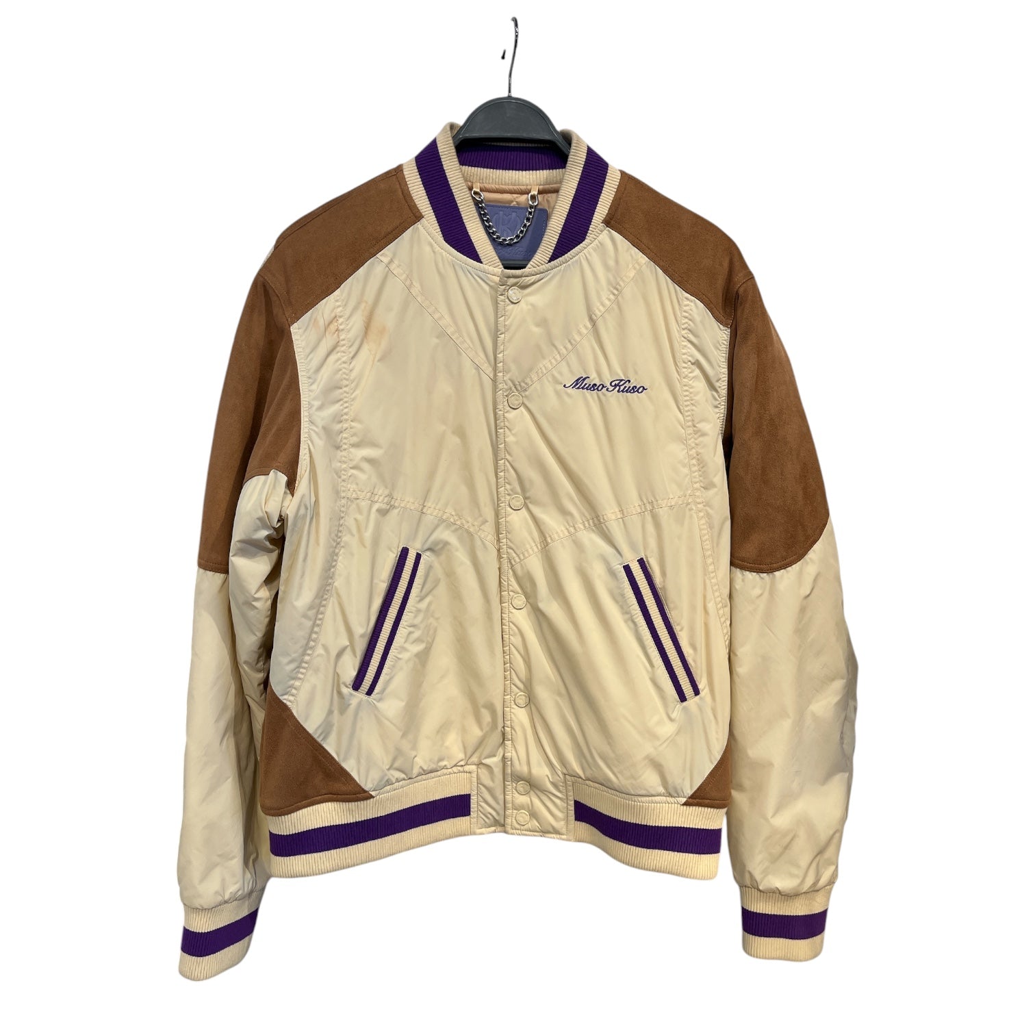 MUSO KUSO/Jacket/L/Nylon/BEG/SUEDE SHOULDER VARSITY TEZZUS view 1