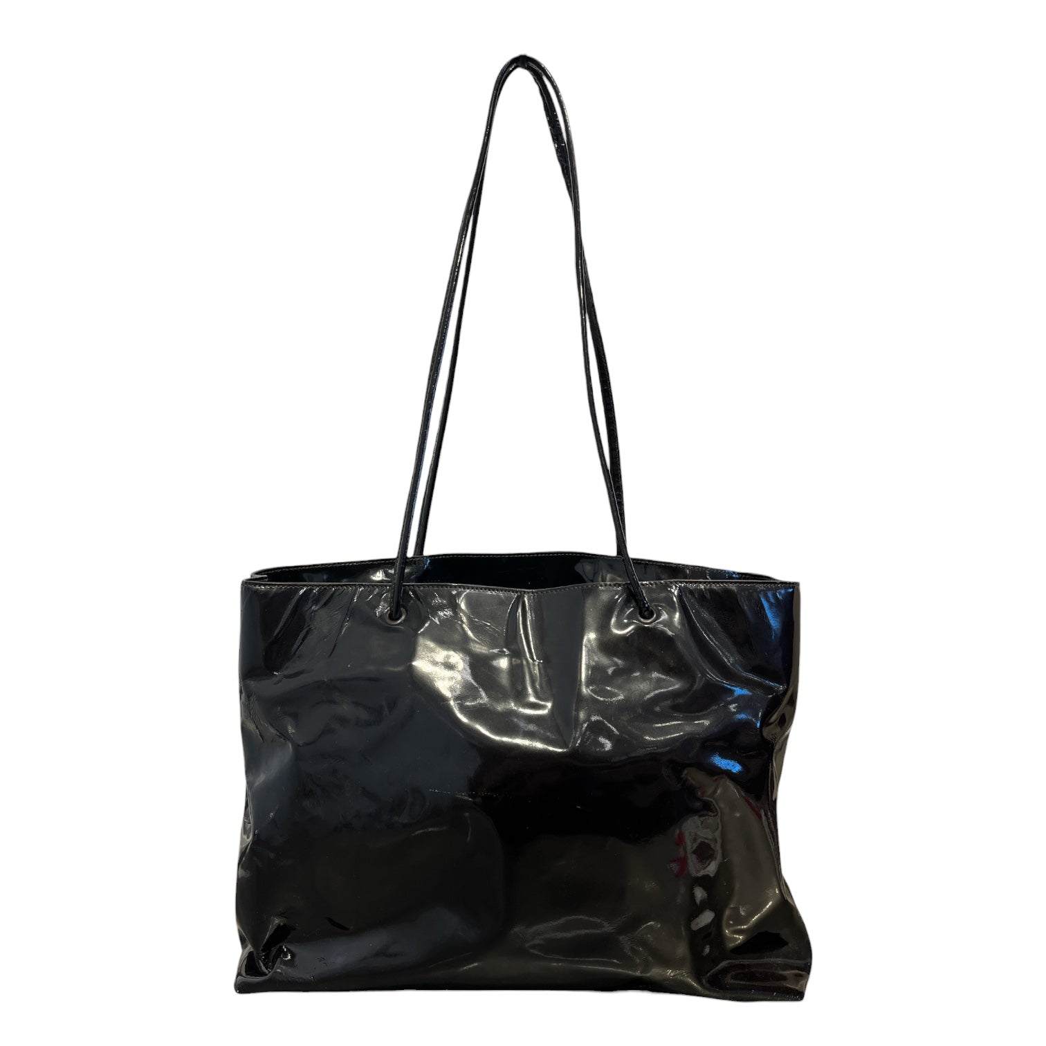 PRADA/Hand Bag/Leather/BLK/black patent leather tote view 2