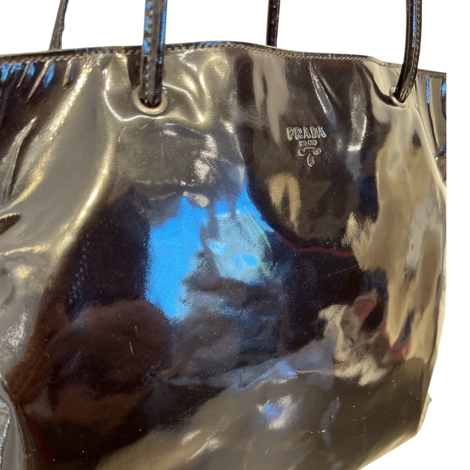 PRADA/Hand Bag/Leather/BLK/black patent leather tote view 7