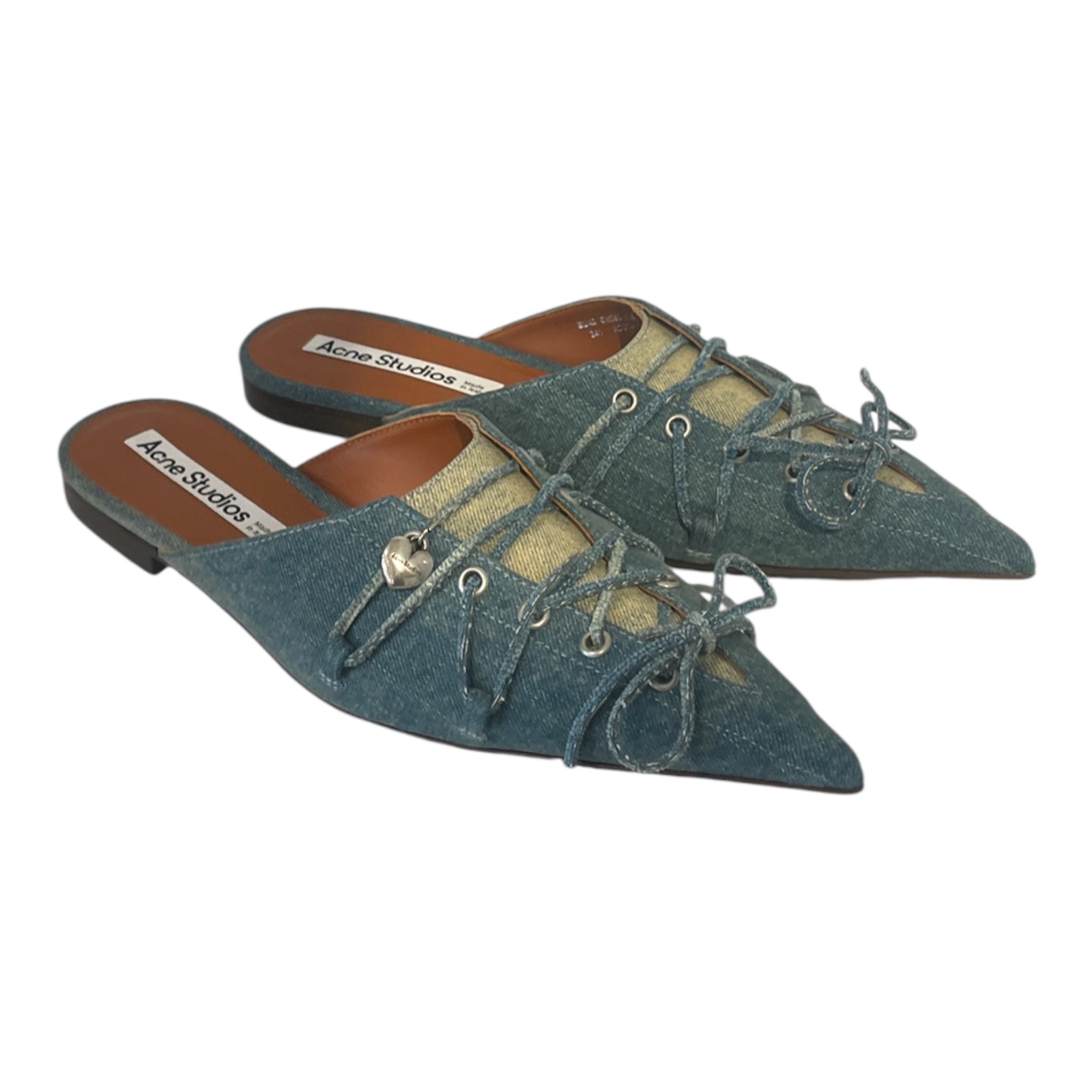 Acne Studios/Flat Shoes/EU 40/Cotton/IDG/lace up 2 tones deim mules view 1