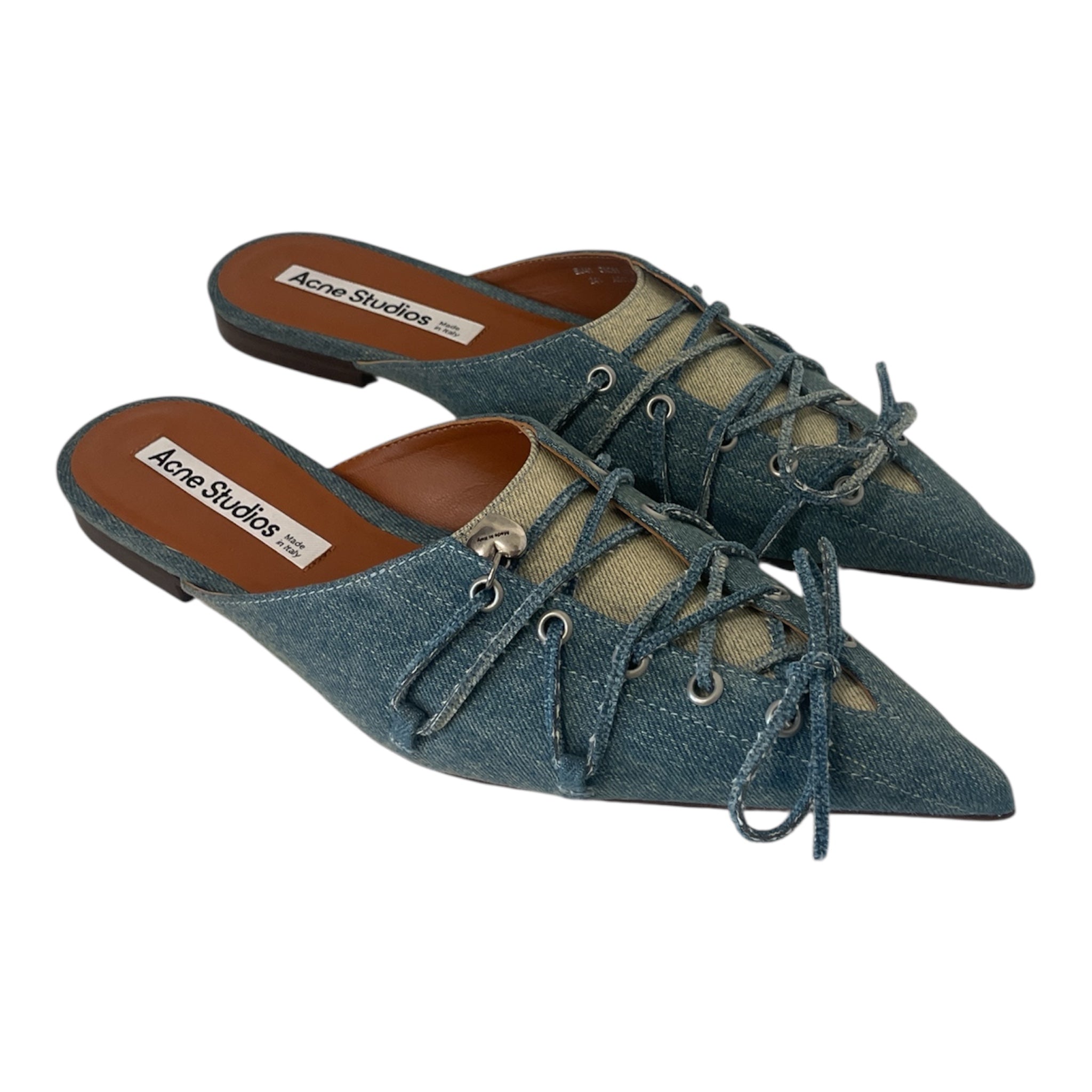 Acne Studios/Flat Shoes/EU 41/Cotton/IDG/lace up 2 tones deim mules view 1