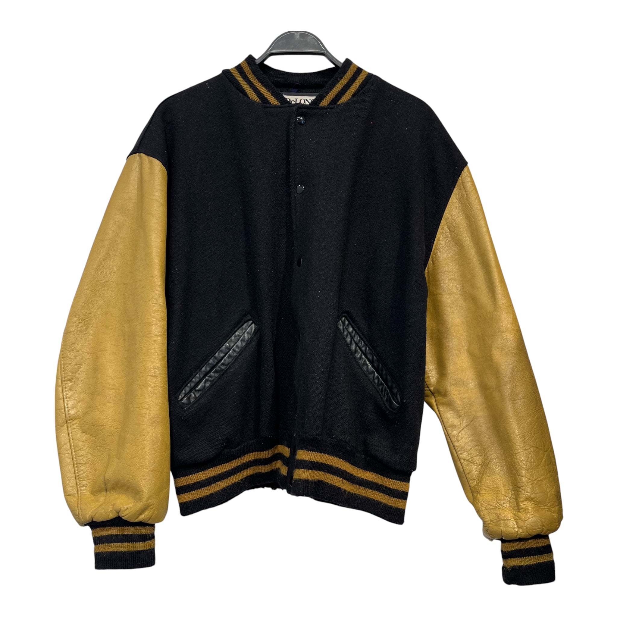 DeLONG/Jacket/XL/Leather/BLK/khaki sleeve varsity jacket view 1