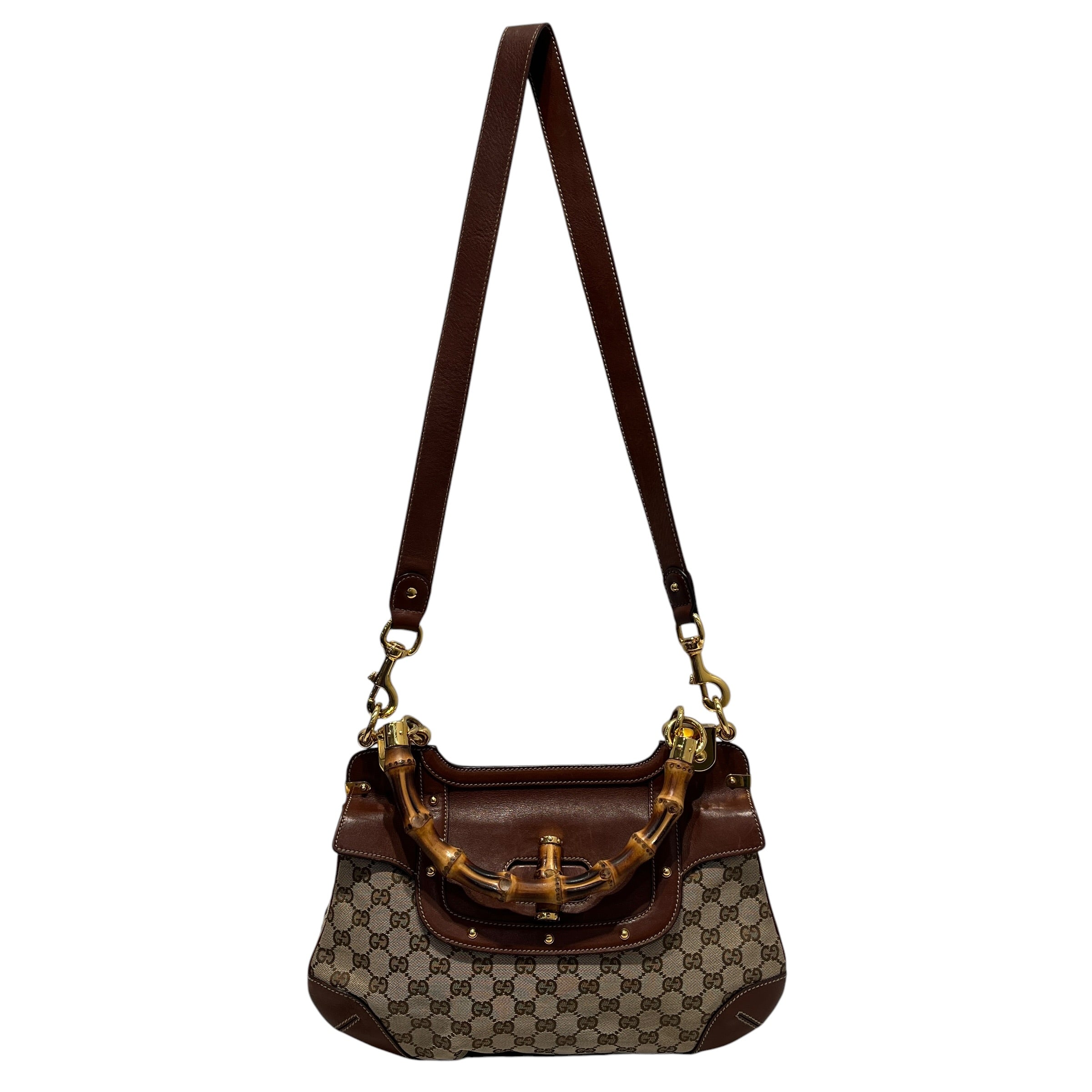 GUCCI/Hand Bag/Leather/BRW/CANVAS PEGGY BAMBOO