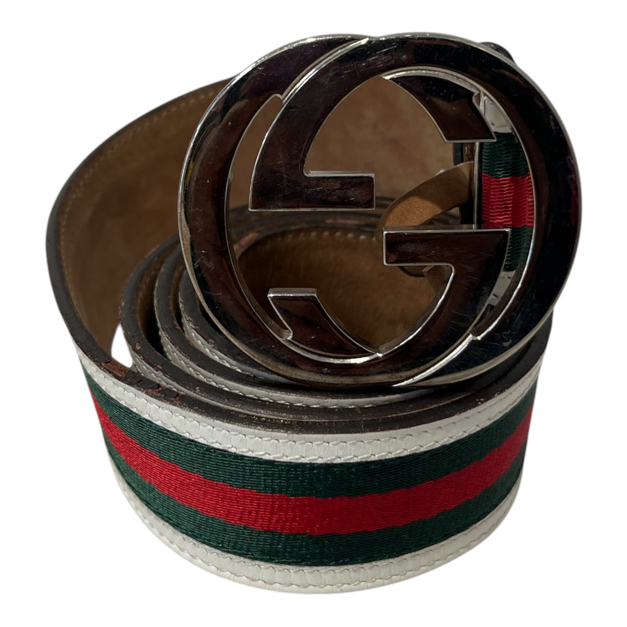 GUCCI/Belt/Stripe/Leather/WHT/M's/114984 WHITE LEATHER/GRN+RED view 1