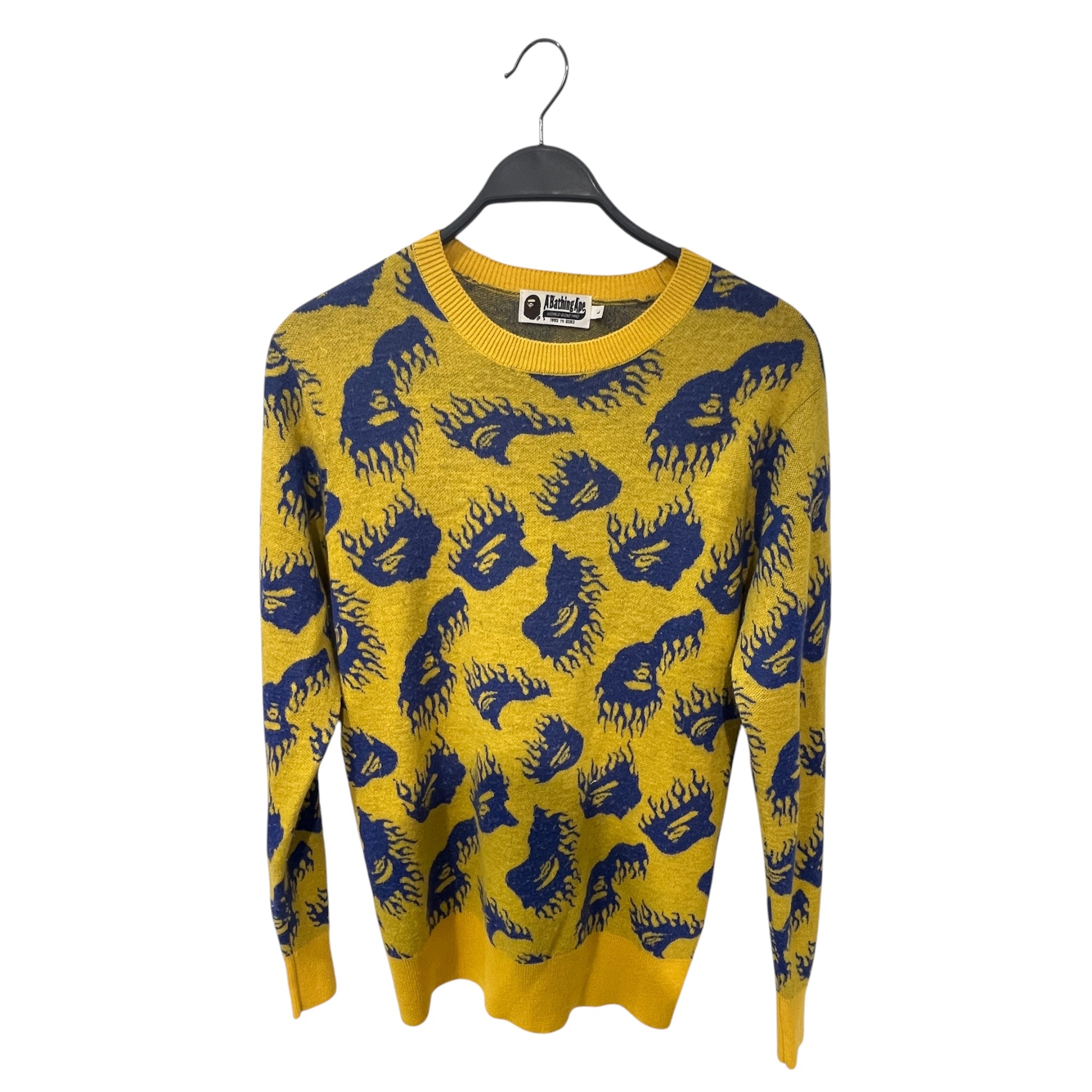 A BATHING APE/Sweater/L/All Over Print/Wool/YEL/BLUE FIRE MONKEYS view 1